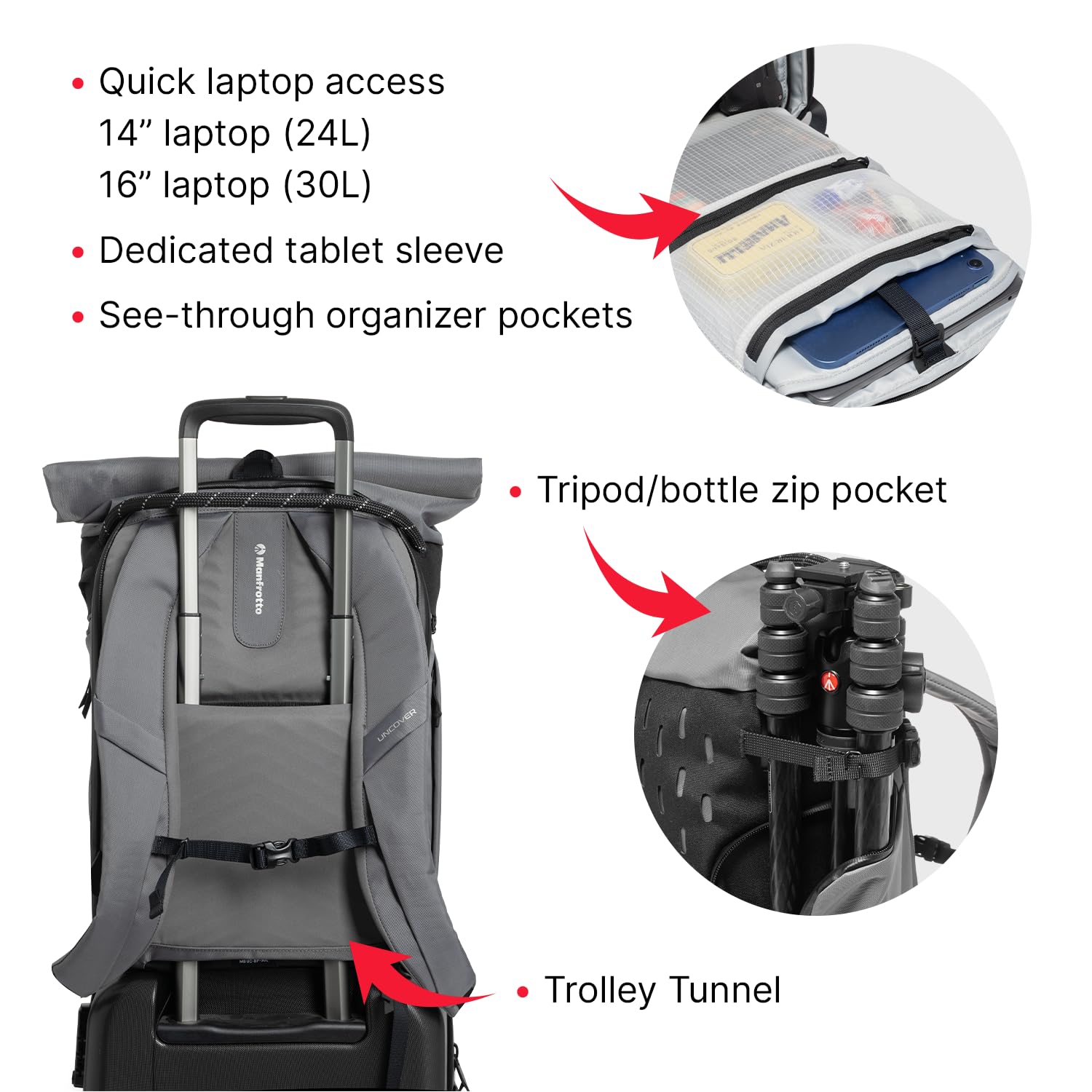 Manfrotto UNCOVER Zaino Fotografico 24L, Roll-Top Espandibile | Borsa Impermeabile per Fotografia e Viaggio, per Reflex/Mirrorless/Drone, con Accesso Laterale e Scomparto Laptop 14"