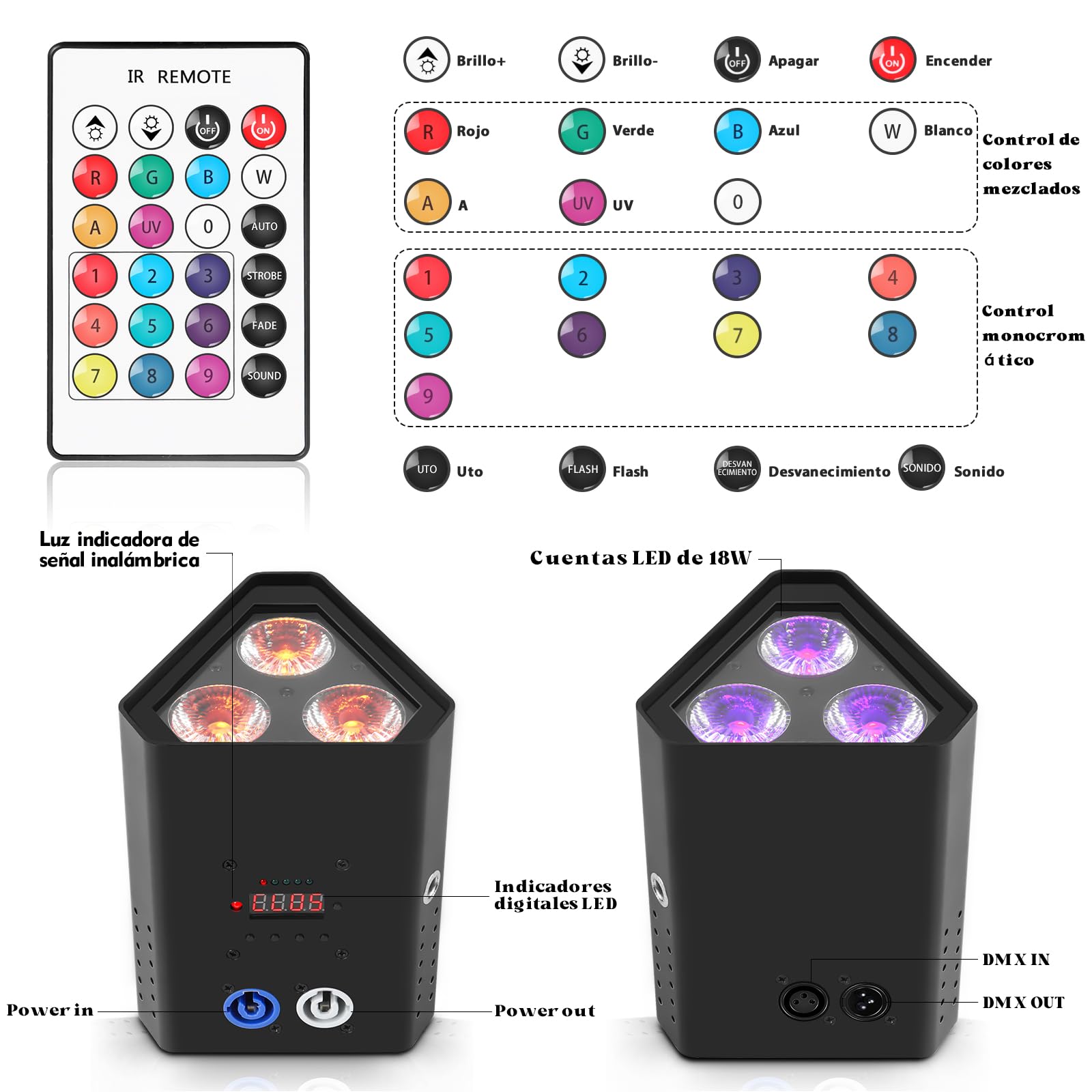 Batteria LED da 3 * 18W Par Light RGBW+UV Faretto da Palco Ricaricabile 6 in 1, Luce da Discoteca con Telecomando a Infrarossi/Wireless da 2,4 GHz/APP, Adatto per Palchi Festival