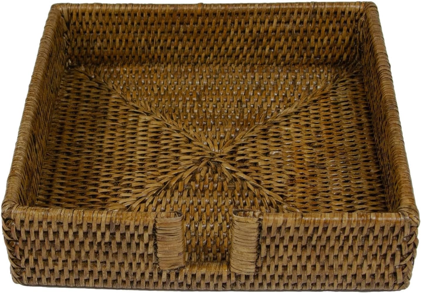 Caspari Rattan Dinner Napkin Holder – Handwoven Natural Rattan, Doubleweave Construction, Lacquer Finish, 9 x 9 x 2.5 Inches- 1 Holder