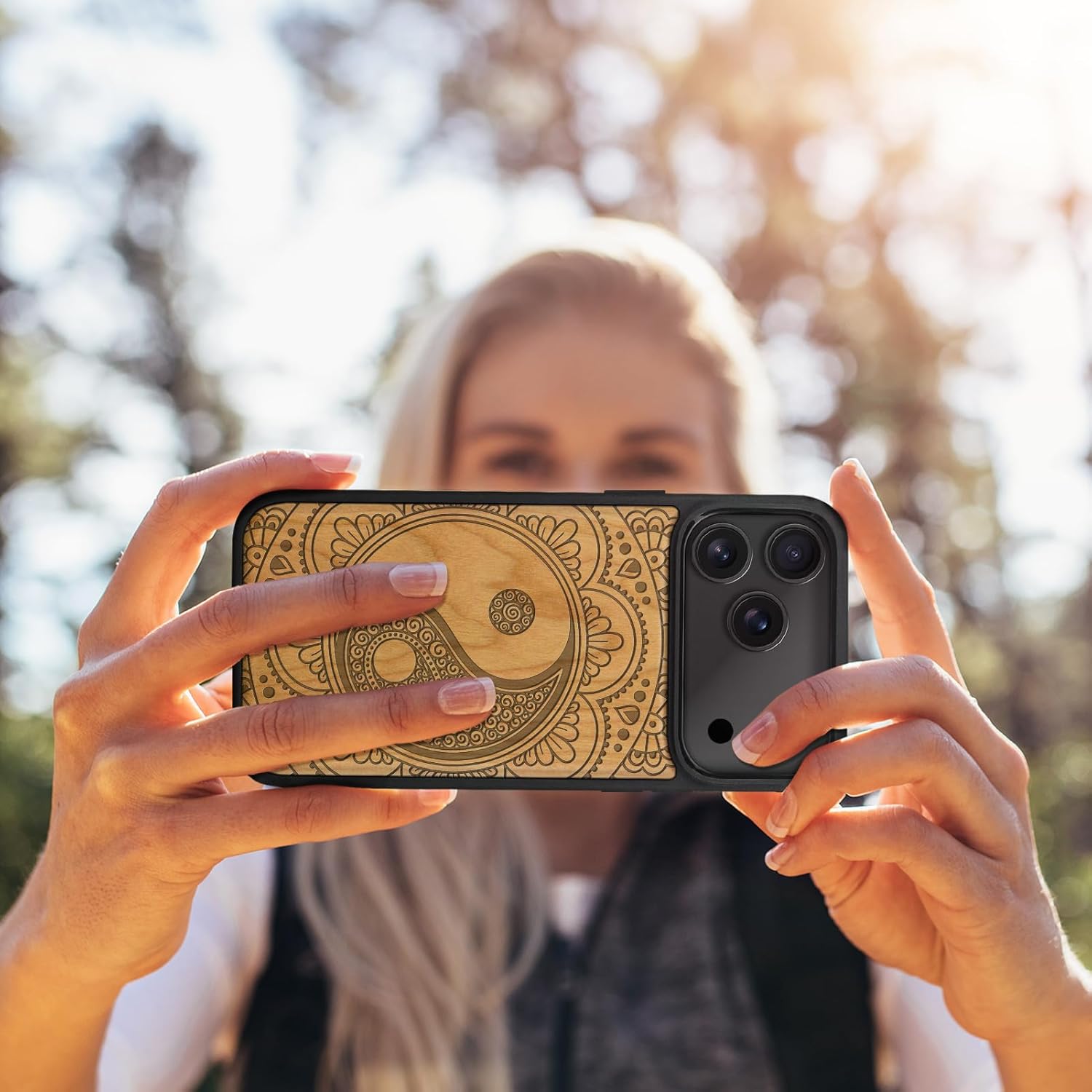 Carveit Magnetic Wooden Case for iPhone 17 Pro Max Case, Wood Artisan Engraved & Black Soft TPU Shockproof Cover, Compatible with MagSafe Wireless Chargers (The Yin-Yang Mandala) Cherry