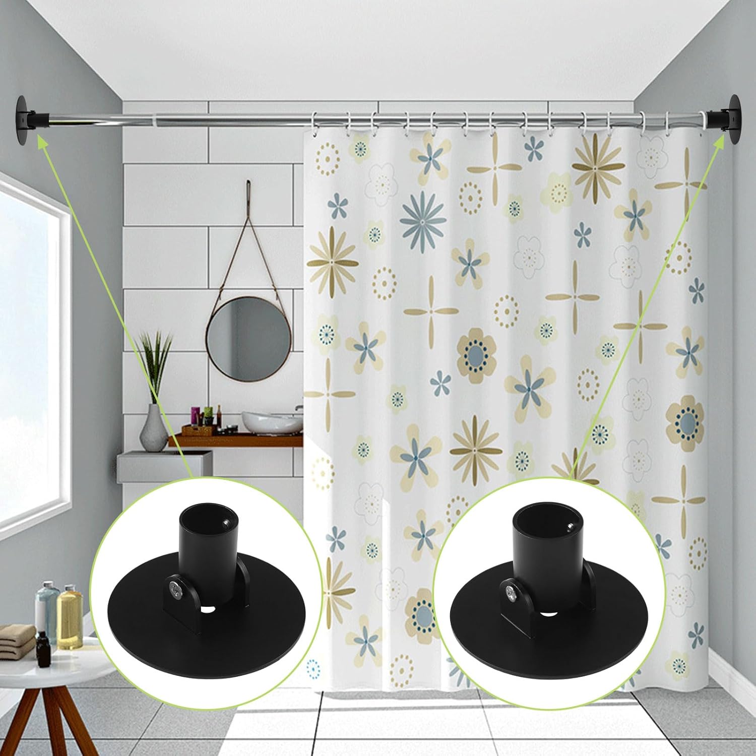 Adjustable Shower Curtain Rod Bracket, 2Pcs Different Sizes Titanium Steel Single Swivel Flange Heavy Duty Closet Rod Holder with Screws (Black, Inner Dia. 22mm & 26mm)