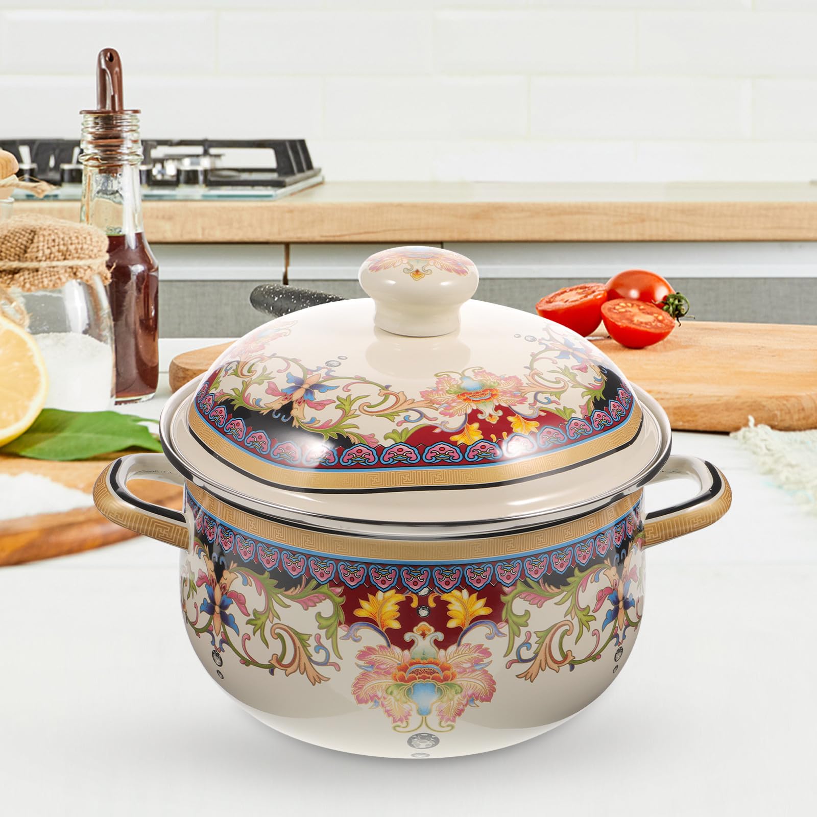 Vintage Emaille Kochtopf mit Deckel Dicker Suppentopf mit Doppeltem Griff Geeignet für Herdarten und Backofen Leicht zu Reinigen und Hitzebeständig