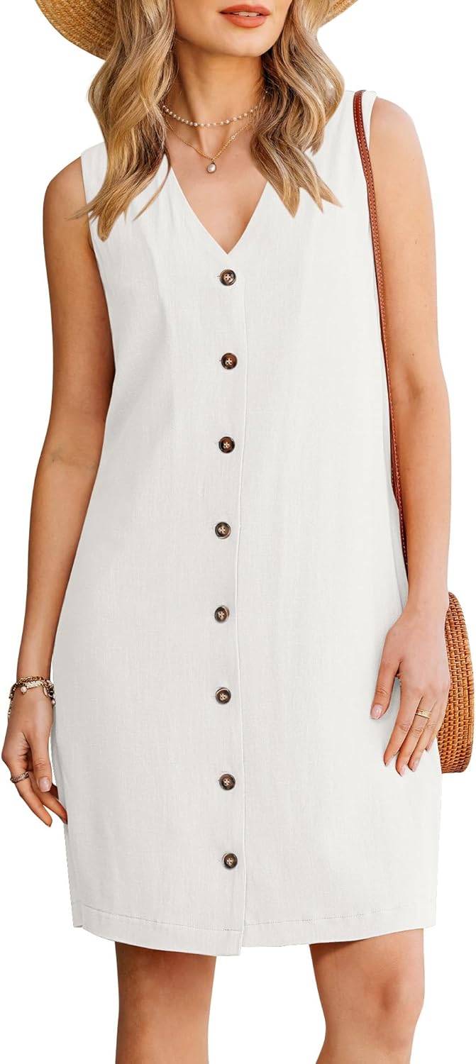 GPAPENT Linen Dresses for Women Summer Casual Sleeveless Button Down V Neck Pocket Self Tie Knee Length Loose Sun Dress
