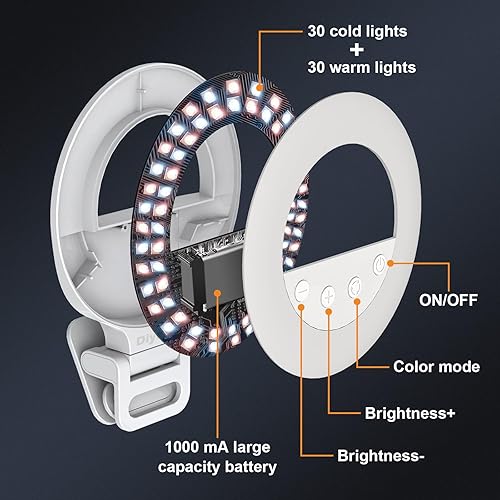 Miniatura 6 de Diyife Anillo de luz para selfie, anillo de luz con clip recargable, 360 + 90 ajustable, 10 niveles de brillo, anillo de luz portátil de moda para