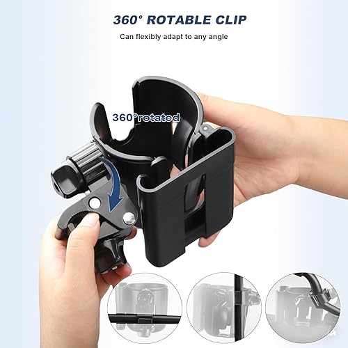 Miniatura 4 de Portavasos 2 en 1 con soporte reversible para teléfono, apto para silla de ruedas, patineta, bicicleta, movilidad, cámper, cochecito con clip