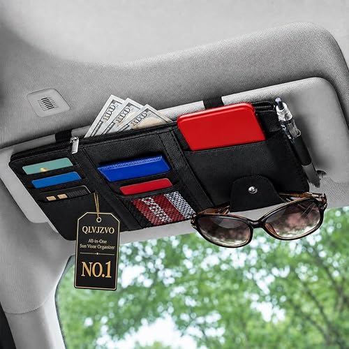 All‑in‑one Sun Visor Organizer Double Zippers Elastic Bands & Glasses Clip | Daily Driving for Cards, Money, Tickets, Leather Interior Accessories, Car Truck Suv Storage Pouch Holder(Black)