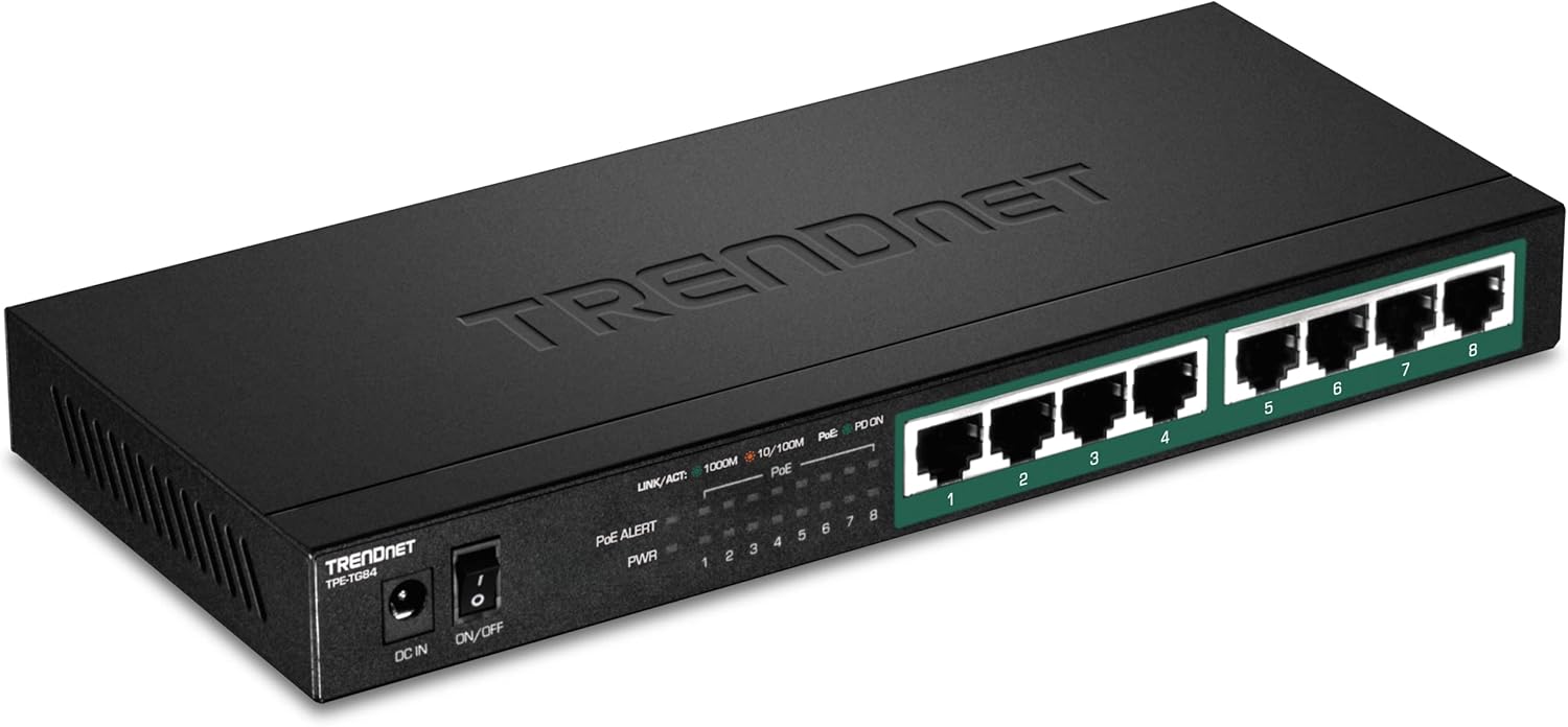 TRENDnet 8-Port Gigabit PoE+ Switch, 65W PoE Power Budget, 16Gbps Switching Capacity, IEEE 802.1p QoS, DSCP Pass-Through Support, Fanless, Wall Mountable, Lifetime Protection, Black, TPE-TG83