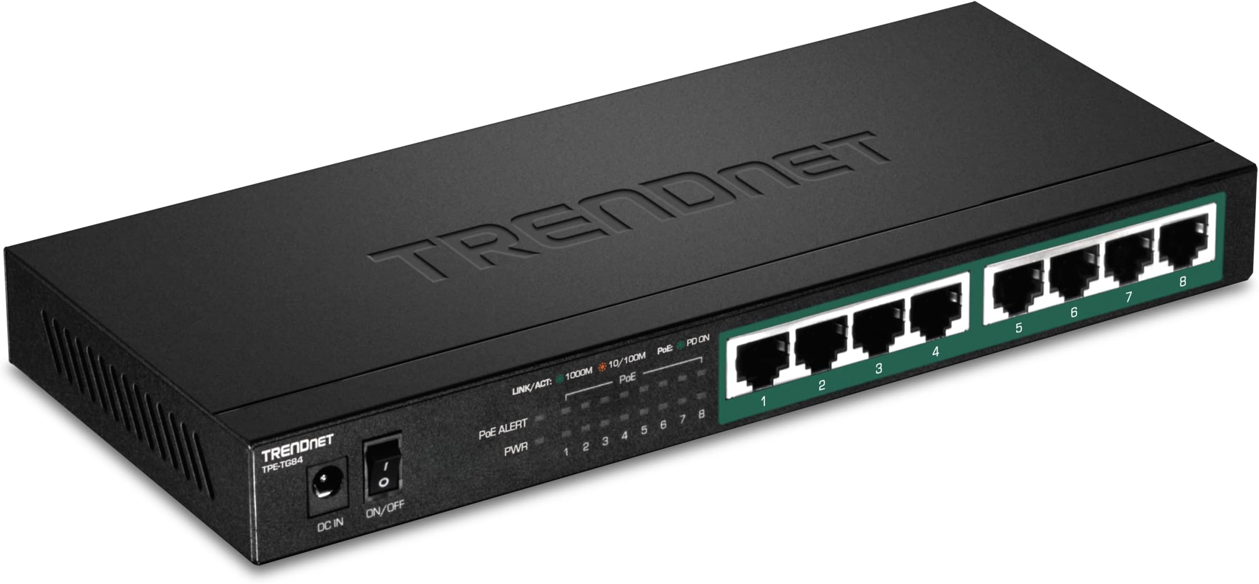 8-Port Gigabit PoE+ Switch, 120W PoE Power Budget, 16Gbps Switching Capacity, IEEE 802.1p QoS, DSCP Pass-Through Support, Fanless, Wall Mountable, Lifetime Protection, Black, TPE-TG84