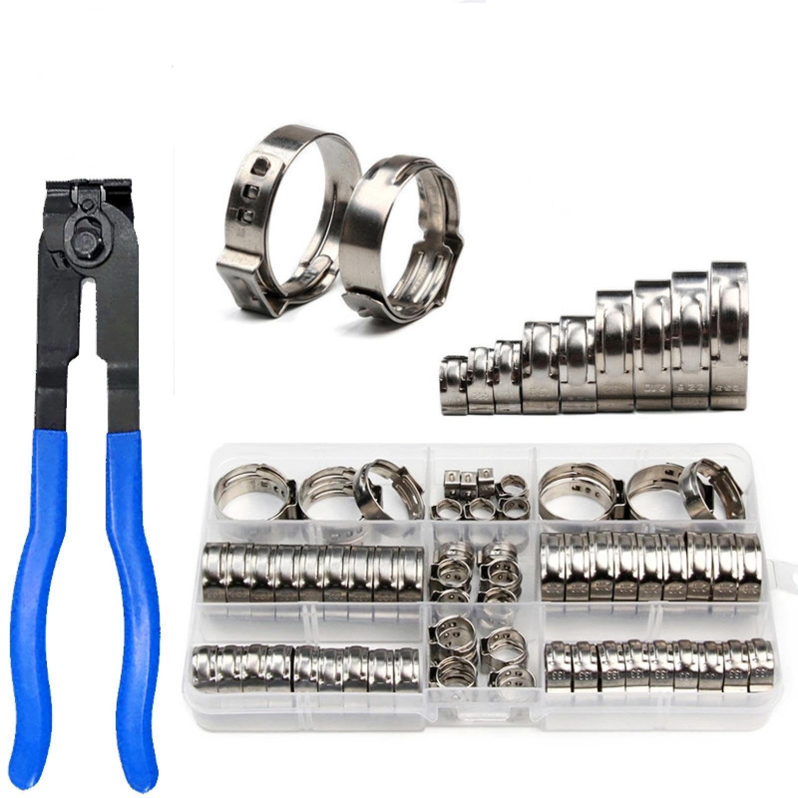Abrazaderas de manguera de una sola oreja, sin escalonamiento, de acero inoxidable 304, de 5,8 a 23,5 mm (45 unidades con alicate), 45/80 unidades