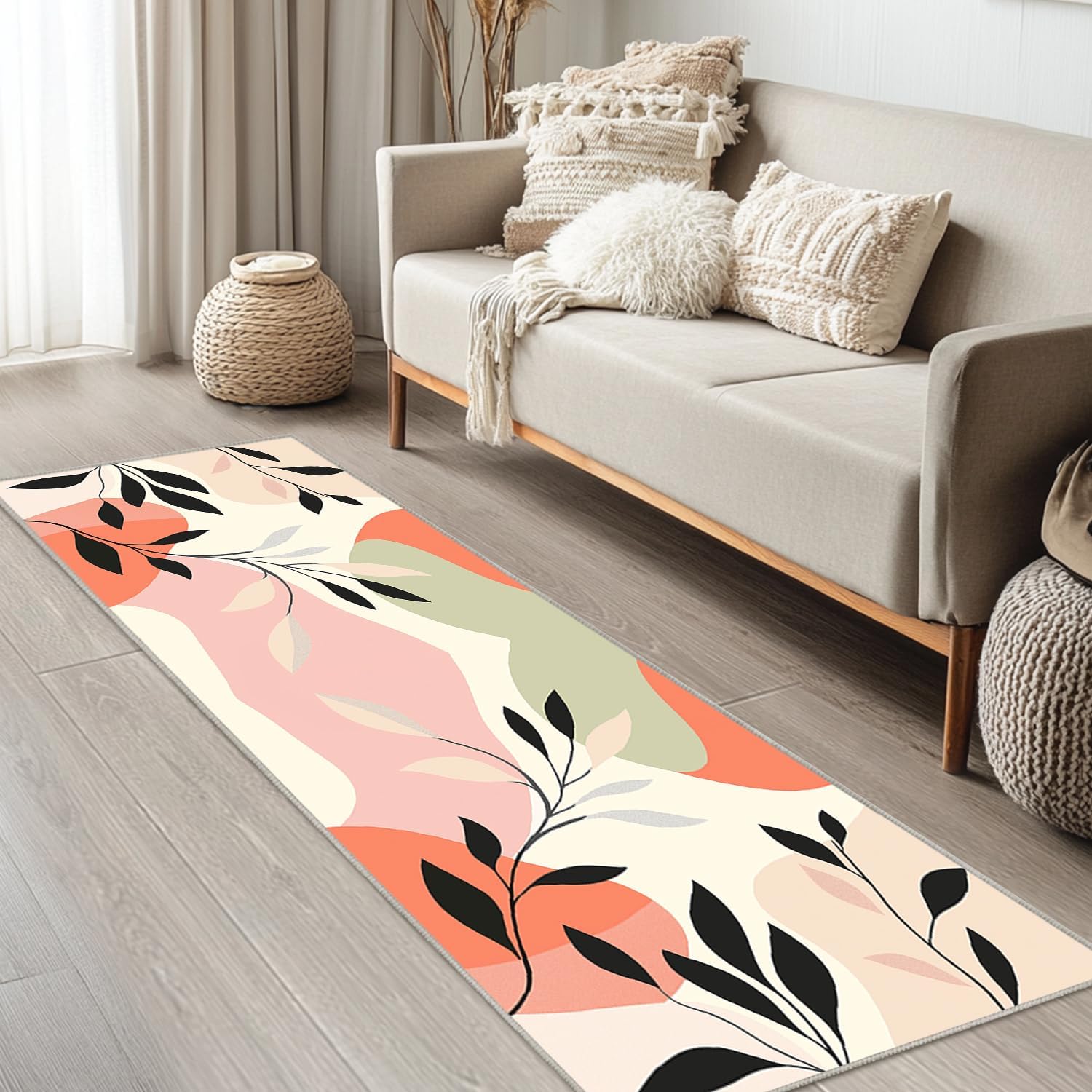 Boho Runner Rug for Hallway Kitchen 2x6 Floral Neutral Area Rugs, Machine Washable Minimalist Rug for Bedroom, Modern Low Pile Soft Large Carpet for Dining Room Office Non Slip