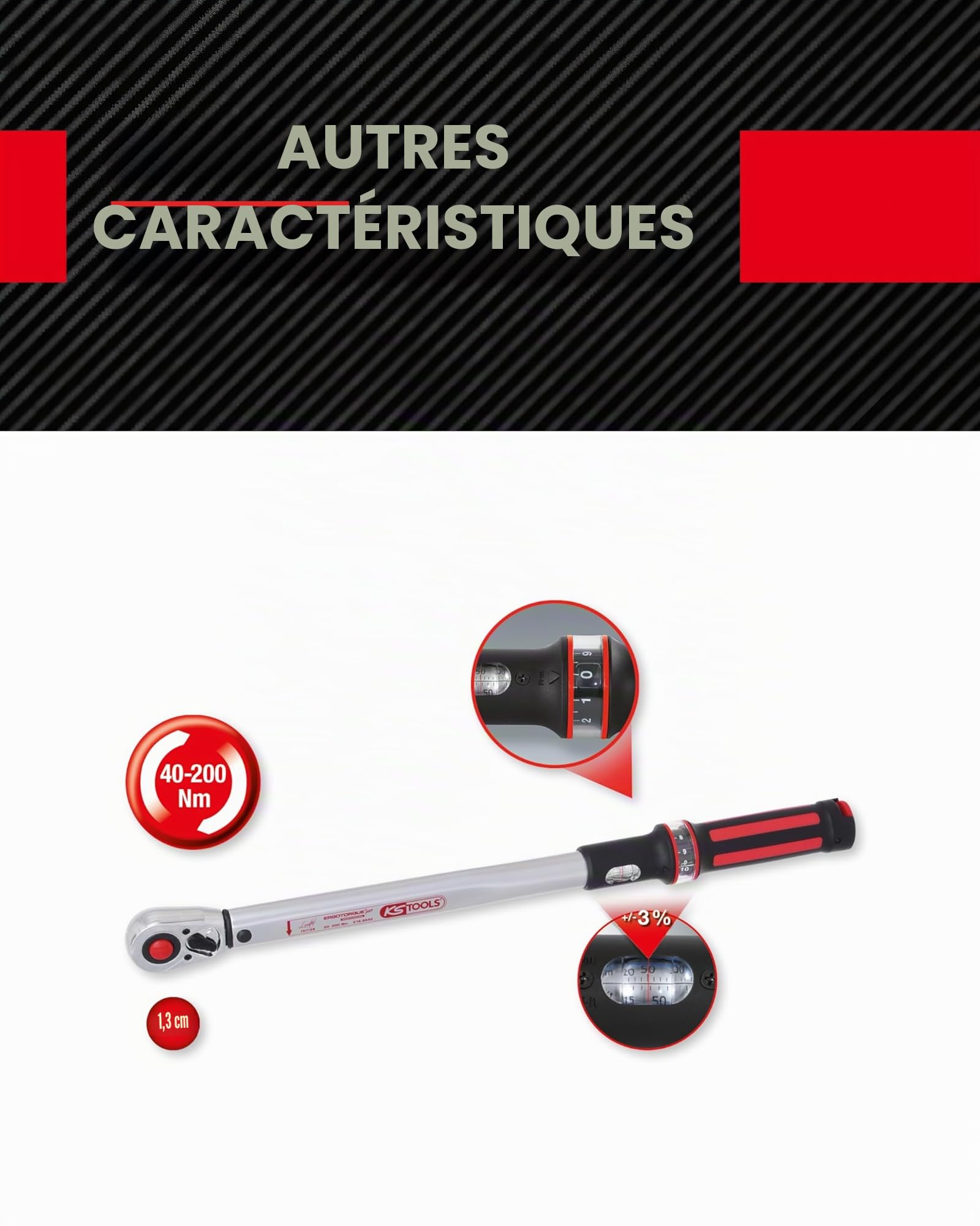 KS TOOLS 516.6542 Clé dynamométrique à cliquet Ergotorqueprecision 1/2" 20-200 Nm Rouge Acier