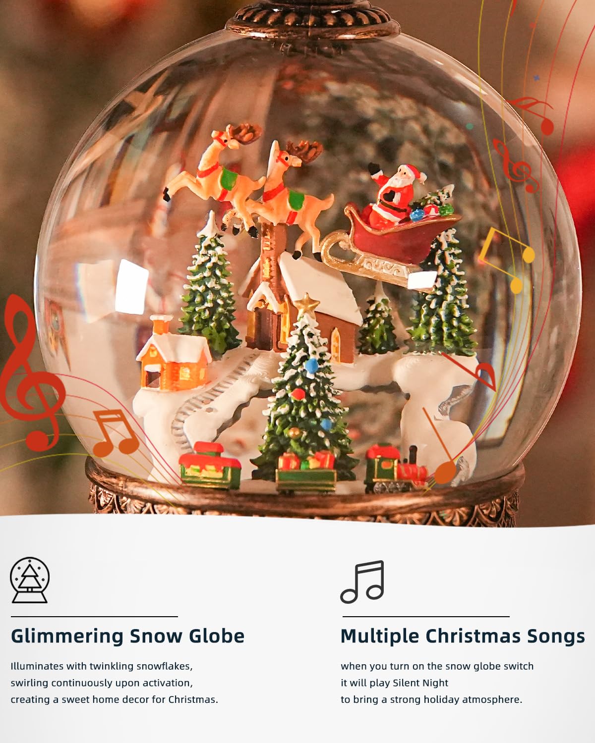 Boule à neige de Noël avec élan, boules à neige lumineuses avec minuterie, lanterne musicale scintillante pour décoration (élan du train de neige)