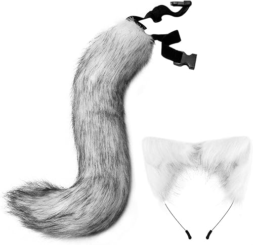 Miniatura 5 de Tachiuwa Conjunto de cola de orejas de animal de zorro para cosplay, disfraz de cola de orejas de lobo, color gris