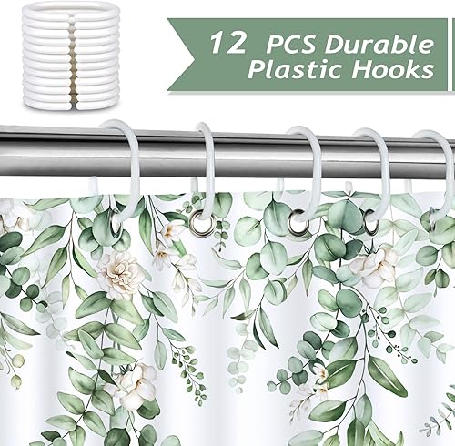 Miniatura 10 de Bonhause Cortina de ducha de eucalipto verde con hojas de acuarela y flores moradas, cortina de baño decorativa de 72 x 72 pulgadas, tela de