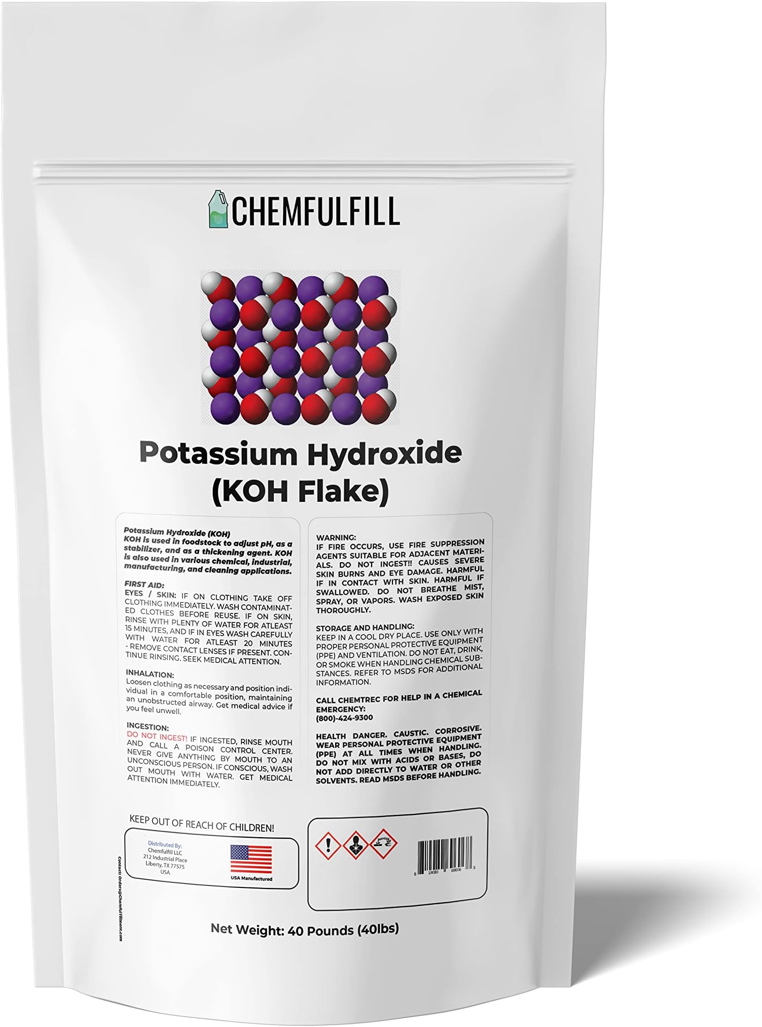 Chemfulfill Potassium Hydroxide – High Purity Caustic Potash (KOH) (10 Pounds (10 lbs))