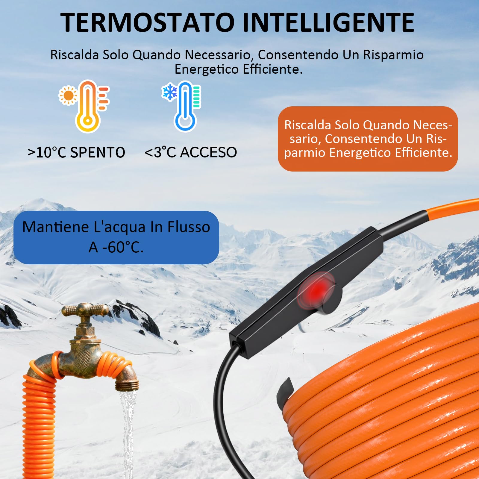 Cavo Riscaldante con Termostato 12m Cavo Riscaldante 25 W/m Autorregolante Serpentina Riscaldante con Termostato IPX7 Impermeabile Cavo Scaldante per Tubazioni Piante Grondaie Protezione Antigel