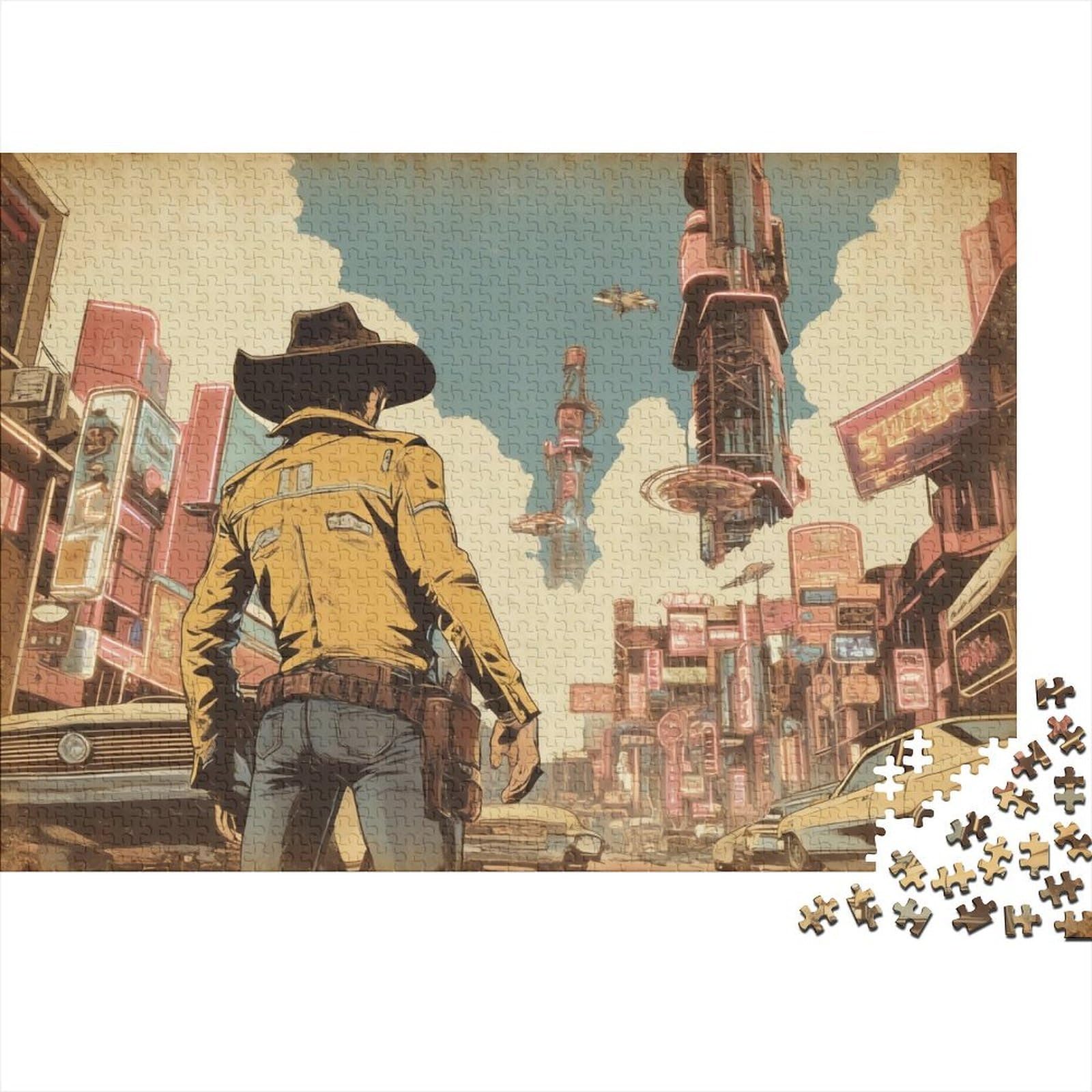 -Fi Cowboy City Art 1000 Pieces Jigsaws Cardboard for Family Retro Futuristic Cowboy Decor Precision Cut Non-Toxic Matte Finish Challenging 38x26cm/1000pcs