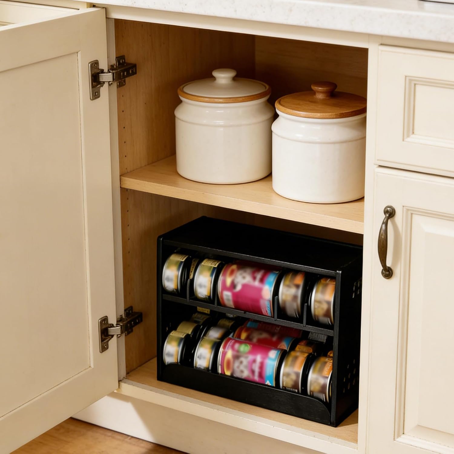 JALZ JALZ Bamboo Cat Food Can Dispenser 2-Tier Gravity Pet Food Storage Rack | Made of durable, natural bamboo that complements any kitchen or pantry decor