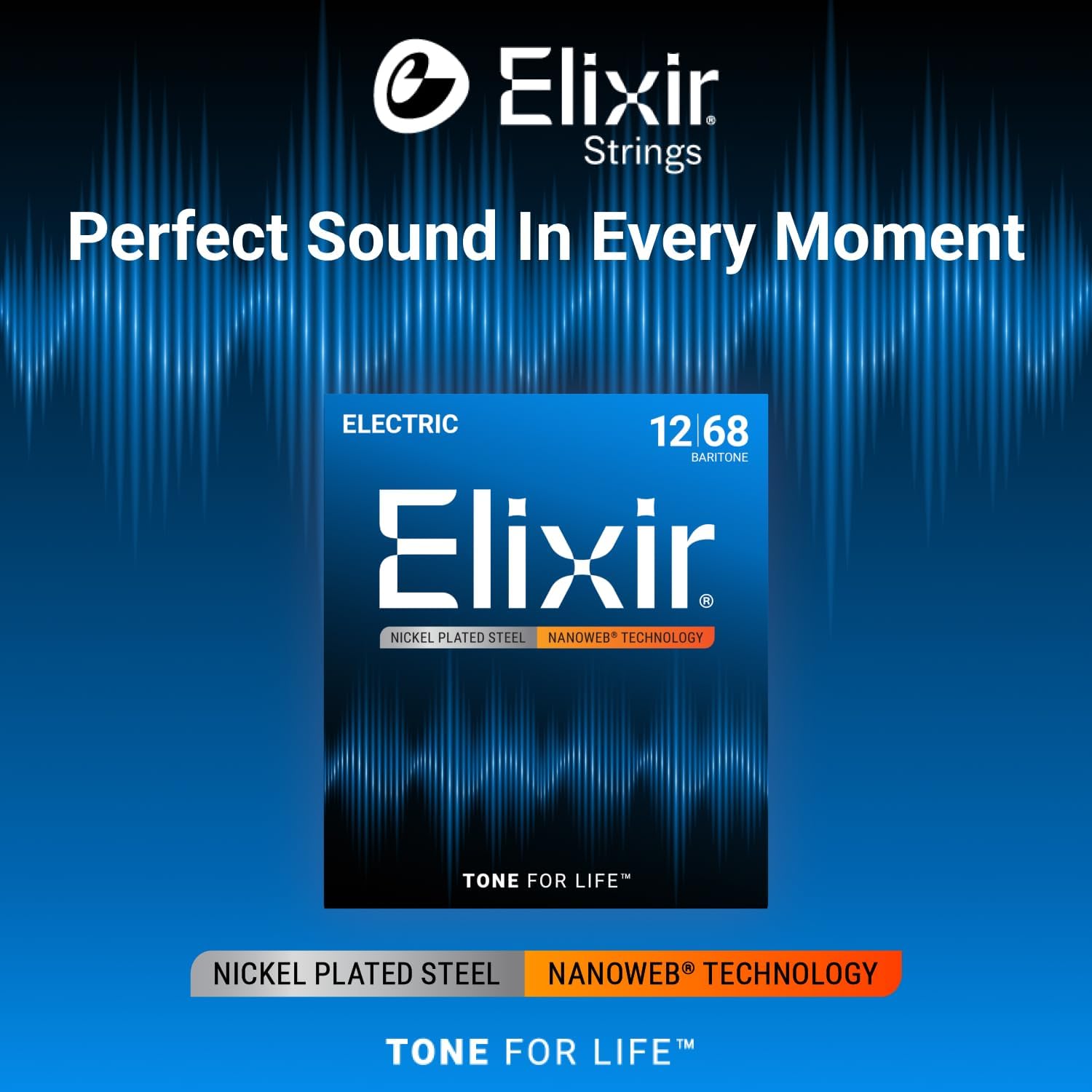 Elixir Strings, Electric Guitar Strings, Nickel Plated Steel with NANOWEB Technology, Longest-Lasting Bright Tone with Comfortable Feel, 6 String Set, Baritone 12-68