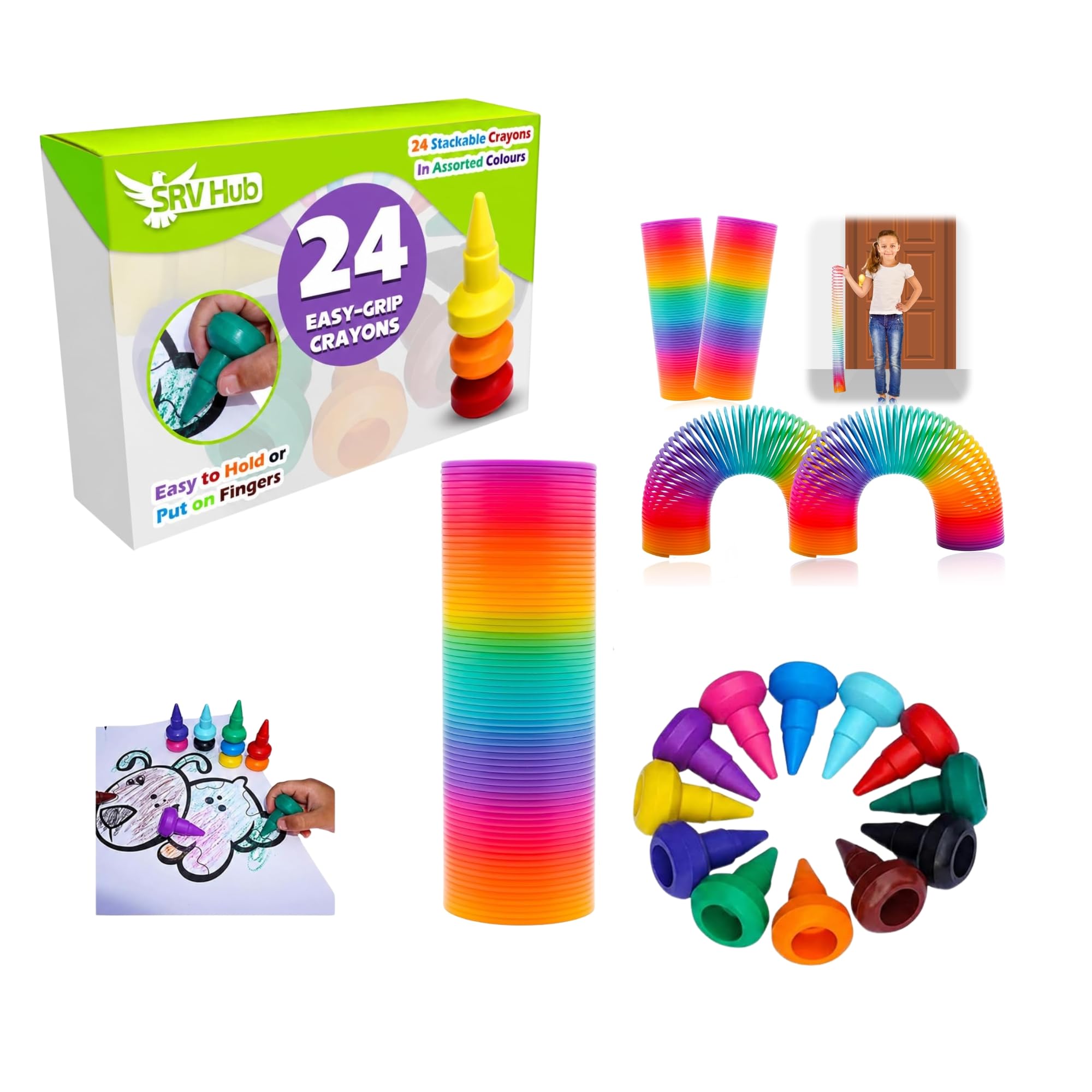 24x Stackable Non-Toxic Easy Grip Crayons & 2 Extra Large 15cm Rainbow Spring Fidget Toy Bundle, Back to School Art Set, Back to School, Sensory Slinky, Party Bag Fillers, Gift for Boys Girls 3+
