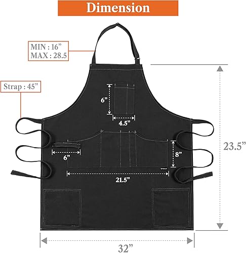 Miniatura 6 de opux Delantal de chef para hombres, delantal de cocina con bolsillos para mujer, delantal grande de lona unisex para cocinar, asar a la parrilla,