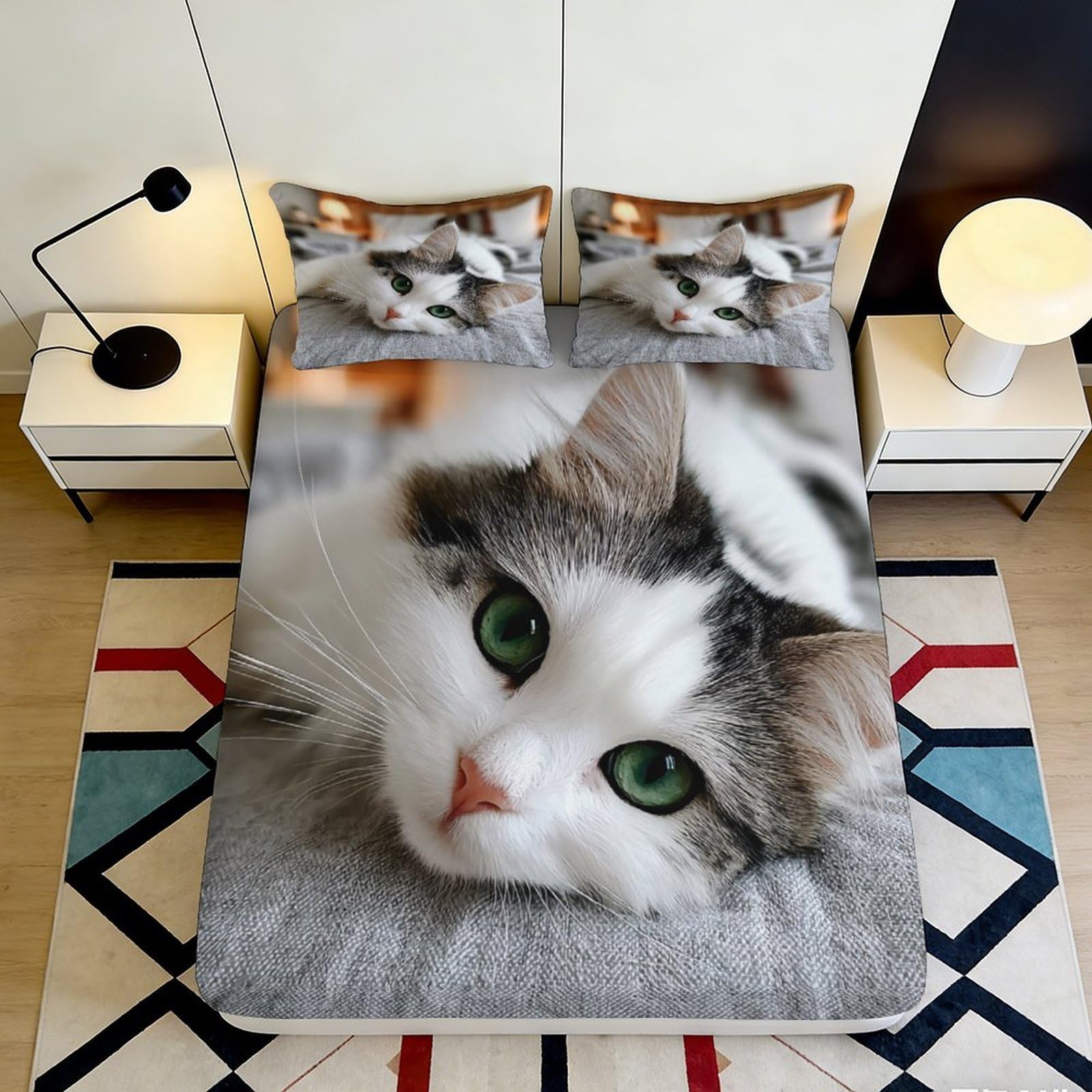 3D Printed Cat Theme Fitted Sheet Microfiber Non-Slip Deep Pocket Bedroom Bedding Cat Mattress Fitted Cover Washable 180x200x25cm