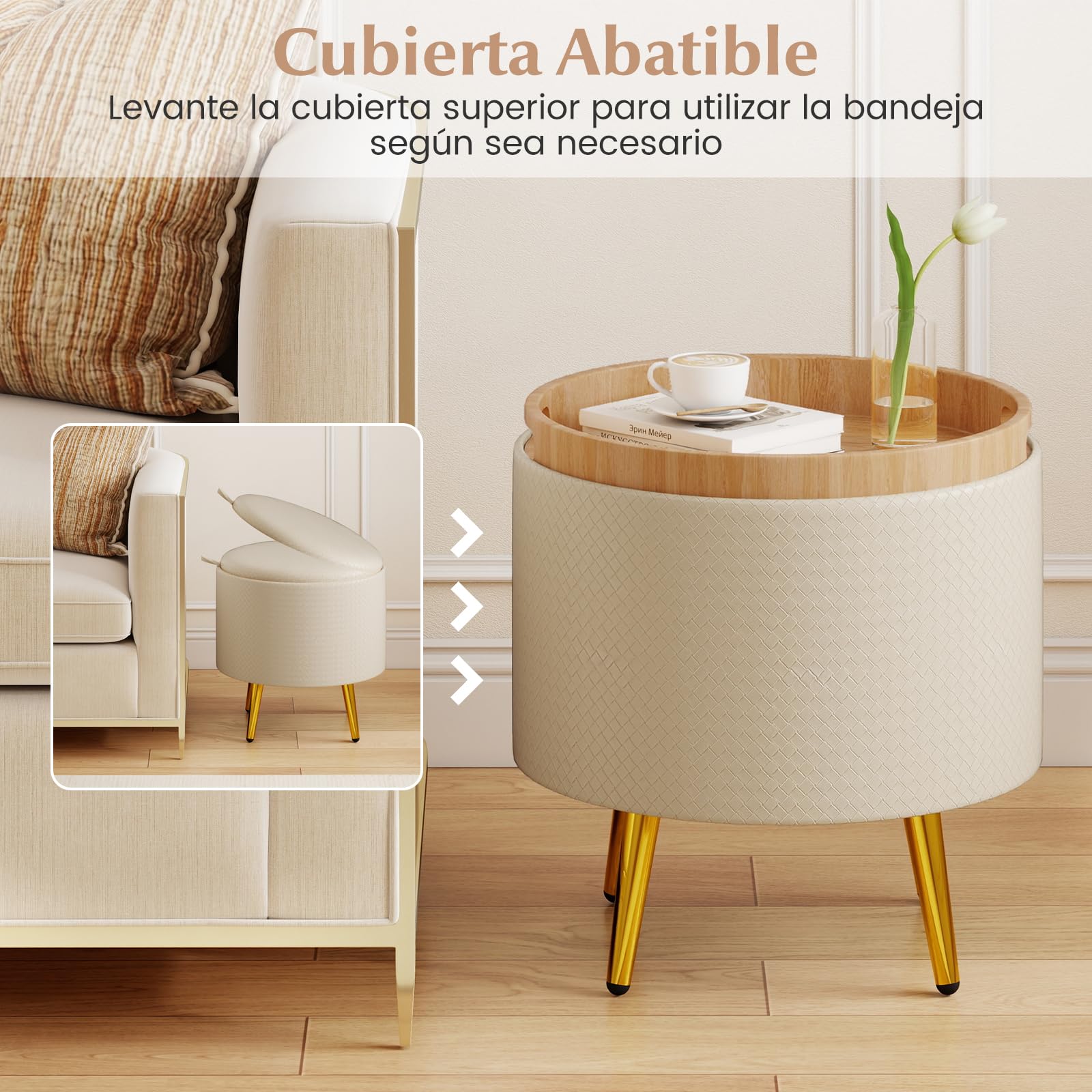 COSTWAY Juego de 2 Puff Almacenaje 23L + 6L, Taburete Tocador Redondo de Piel Sintética con Bandejas de Tapa Abatible, Patas Metálicas Doradas, Mesita Auxiliar y Reposapies en uno para Entrada, Salón