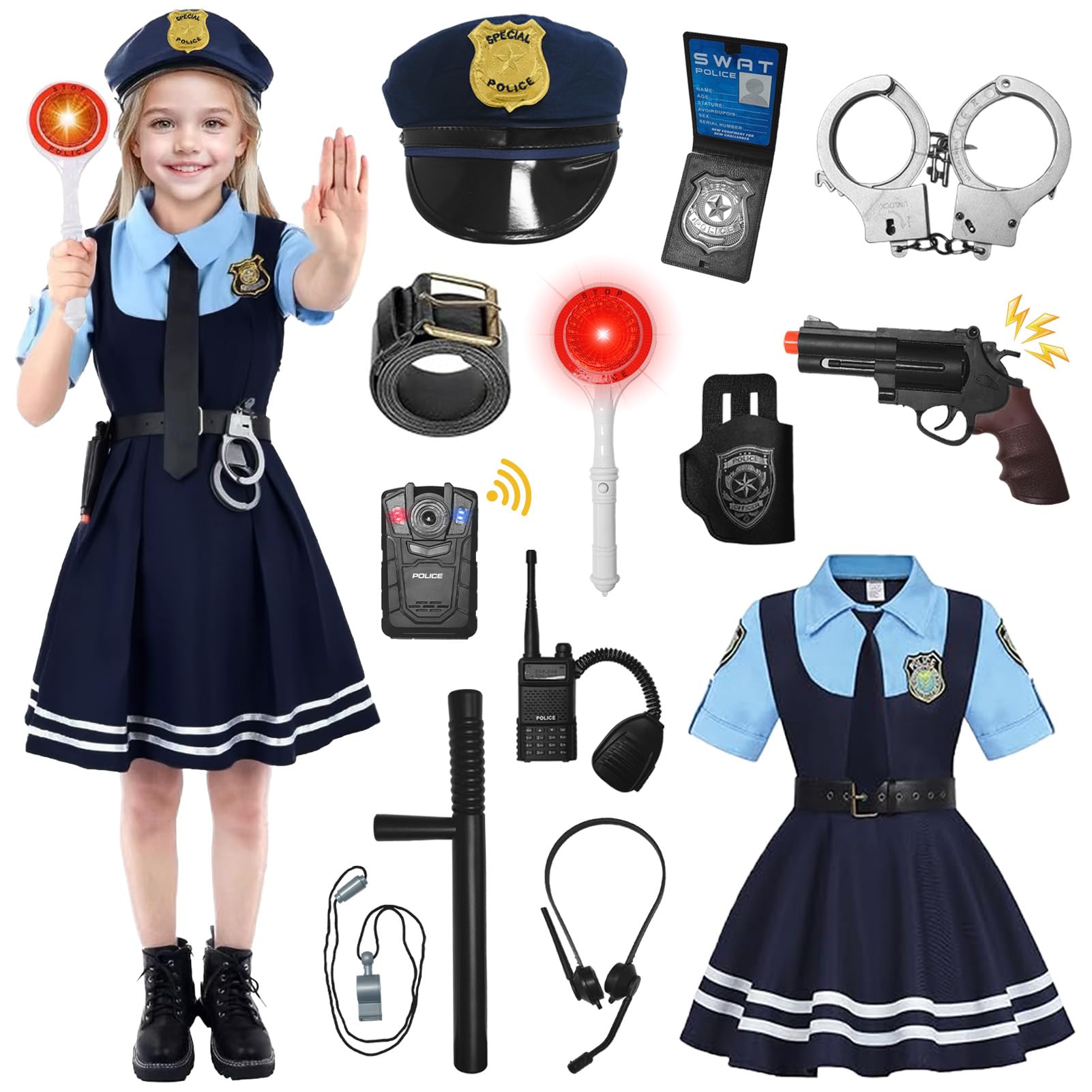 Kostium policyjny dla dzieci, dziewczynek, 14-częściowy, zestaw policjantki, czapka policyjna, kajdanki, gwizdek, zabawka policyjna dla dziewcząt, na Halloween, dla dzieci, karnawał