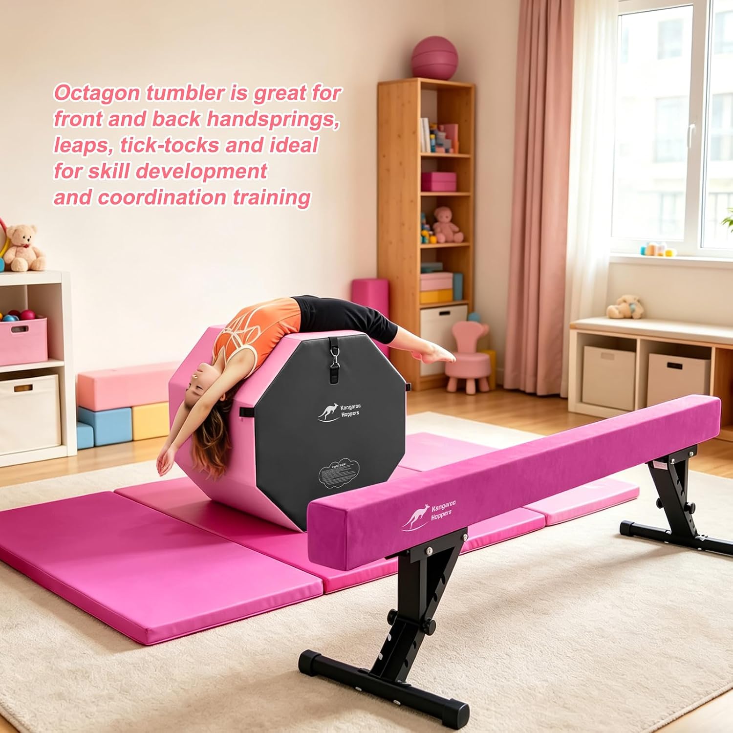 Kangaroo Hoppers Gymnastics Octagon Tumble Mat 24"x26" / 19"x23" with Carrying Handles, Somersault Backbend Tumbling Trainer for Home Gym Exercise