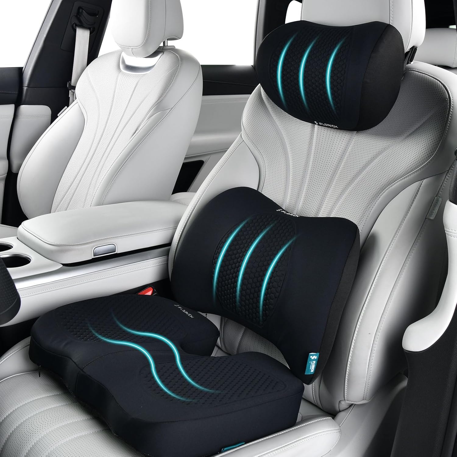 FLORICH 3 PCS Seat Cushion for Carseat Lumbar Support Pillow Car Neck Headrest Pillows Memory Foam Gel Memory Foam Massage Point Seat Pads Pressure Relief Back Cushion for Office Chair(Black)