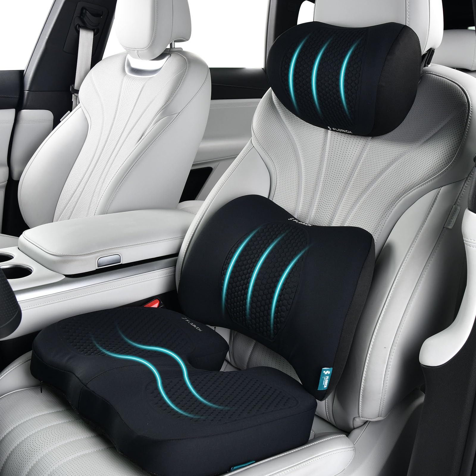 FLORICH 3 PCS Seat Cushion for Carseat Lumbar Support Pillow Car Neck Headrest Pillows Memory Foam Gel Memory Foam Massage Point Seat Pads Pressure Relief Back Cushion for Office Chair(Black)