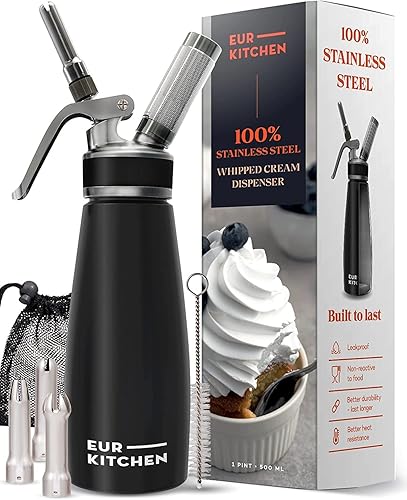 EurKitchen - Dispensador profesional de crema batida de acero inoxidable, recipiente para cremas sin fugas, 3 boquillas de decoración y cepillo de