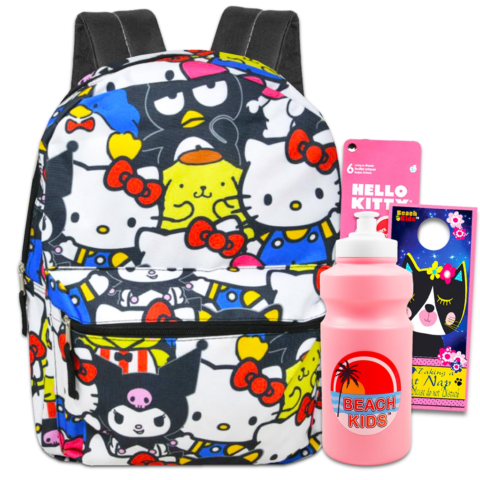 Hello Kittyand Friends Backpack for School - Bundle with 16 Hello Kitty School Backpack with Front Pocket Plus Hello Kitty Stickers, Water Bottle, More | Hello Kitty and Friends Backpack for Girls