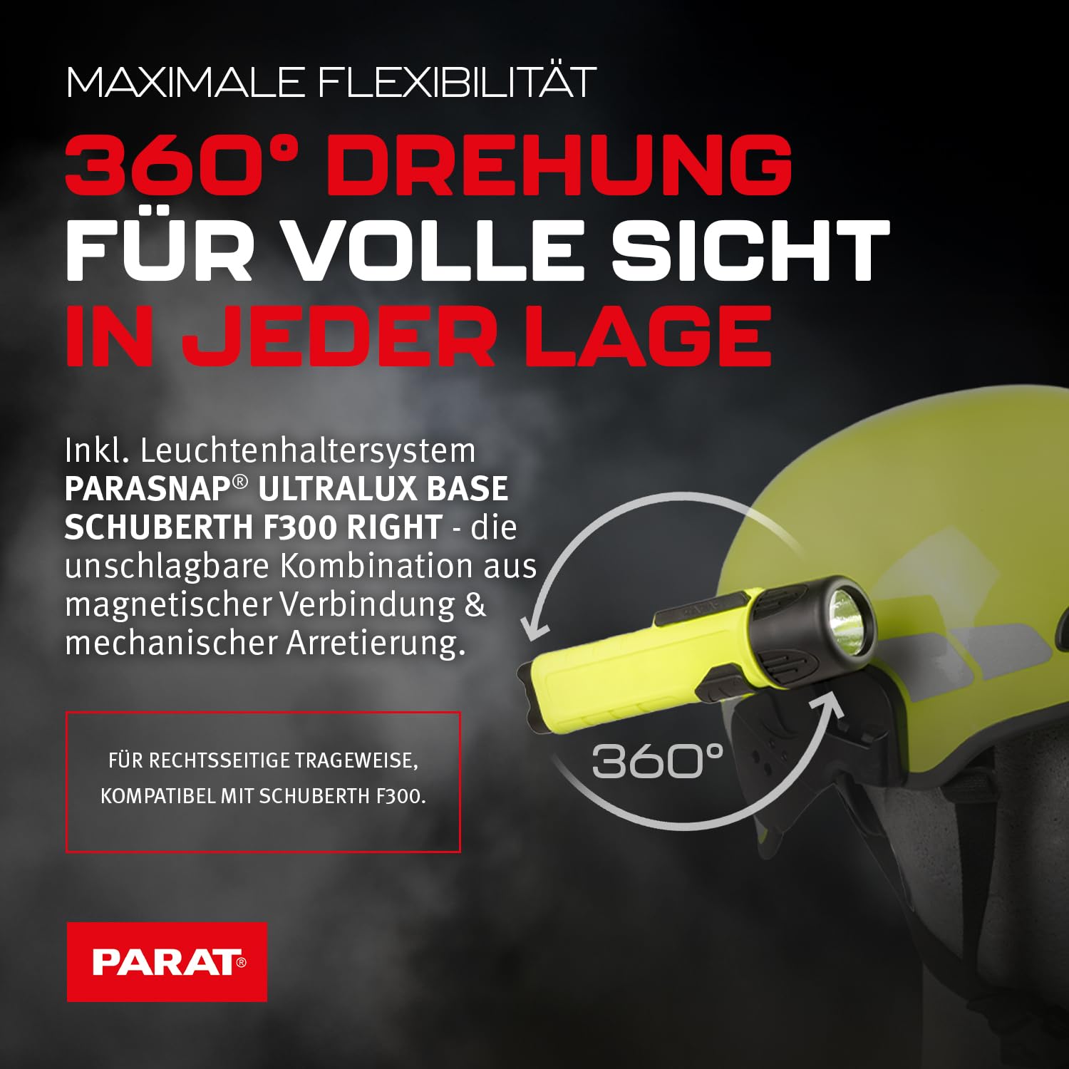 PARAT PARALUX® PX1 FEUERWEHR Set für Schuberth F300 Rechts | LED Arbeitsleuchte mit 120 Lumen | EX-geschützte LED Taschenlampe | Wasserdichte Helmlampe | inkl. Batterien, Adapter & Halterung