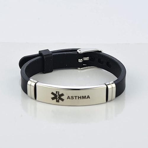 Miniatura 2 de LuxglitterLin Pulsera de identificación de alerta médica grabada con láser, pulsera ajustable negra para hombres y mujeres, primeros auxilios de