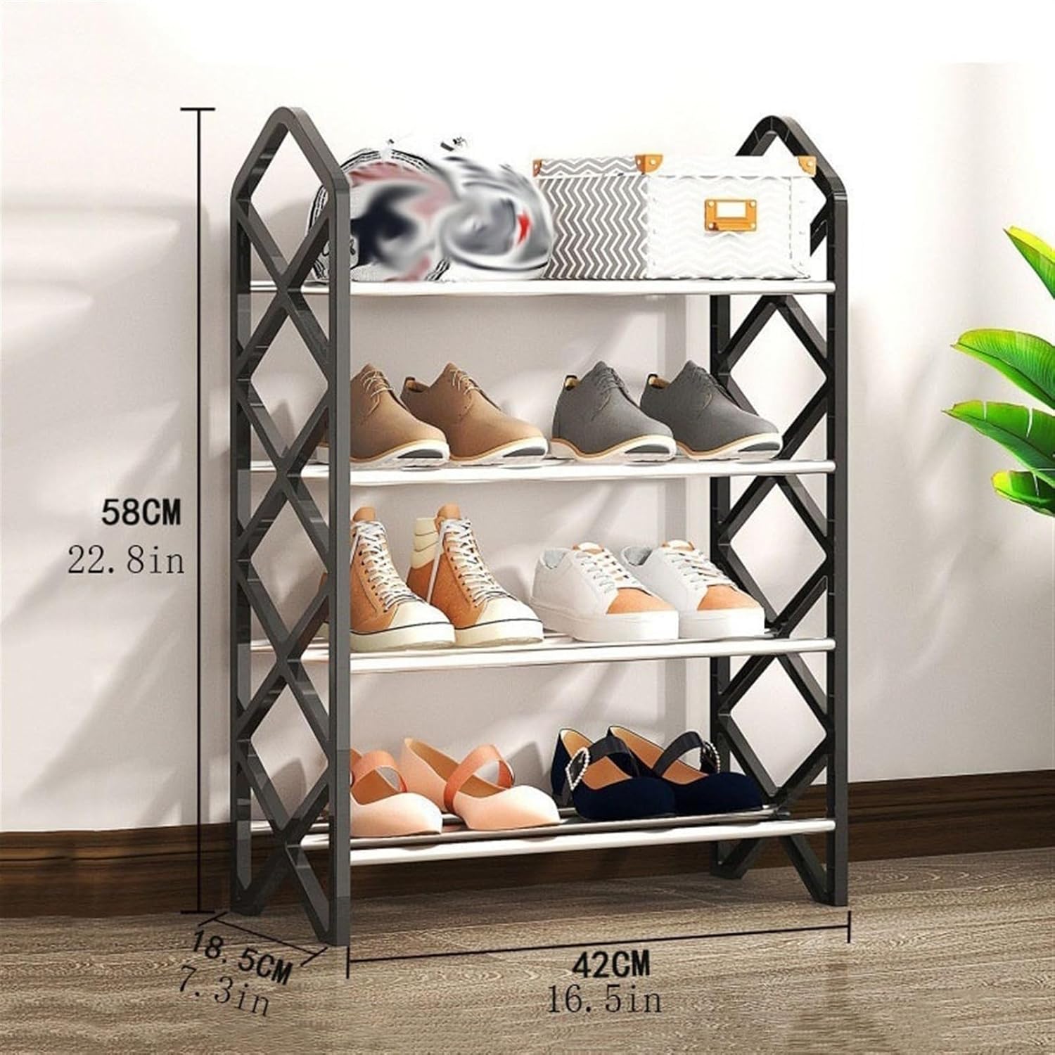 Shoe Rack Freestanding Shoe Rack, 4-Tier Shoe Rack Storage Shelf with Steel Pipes Frame, Shoe Stand Organizer for Entryway, Hallway, Living Room Shoe Organizer (Color : Black) (Black One Size) (