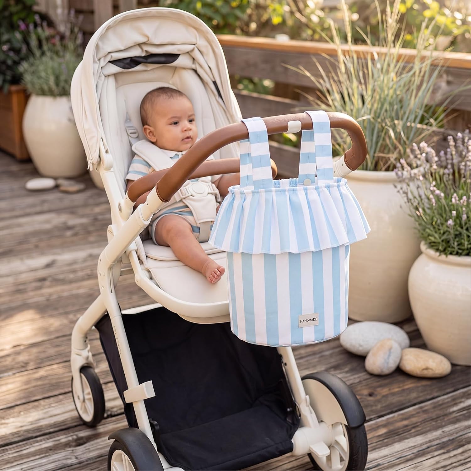 Abbylike Ruffle Stroller Bag with Removable Handles, Cotton Stroller Organizer with Waterproof Lined for Moms Baby Travel(Ruffles Style,15.5 x 9.5 Inch,Blue White)