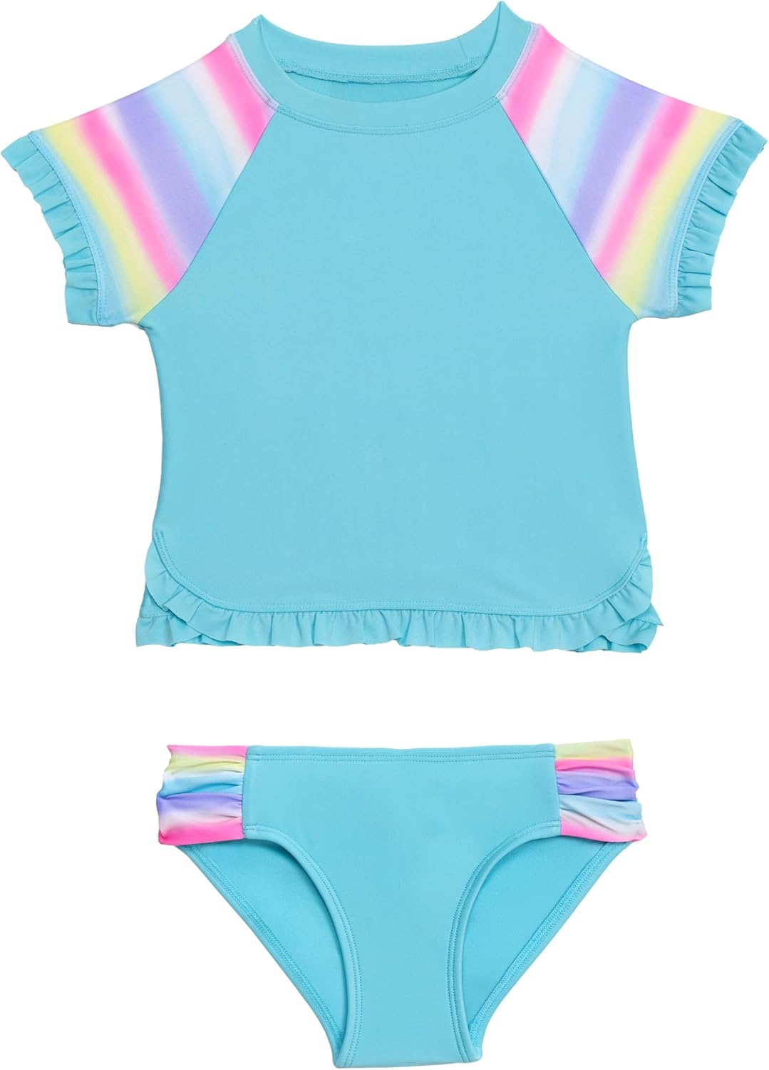 Aqua Green Little Girls and Toddlers Shortsleeve Ruffle Rashguard Swimsuit and Swim Bottom 2-Piece Set