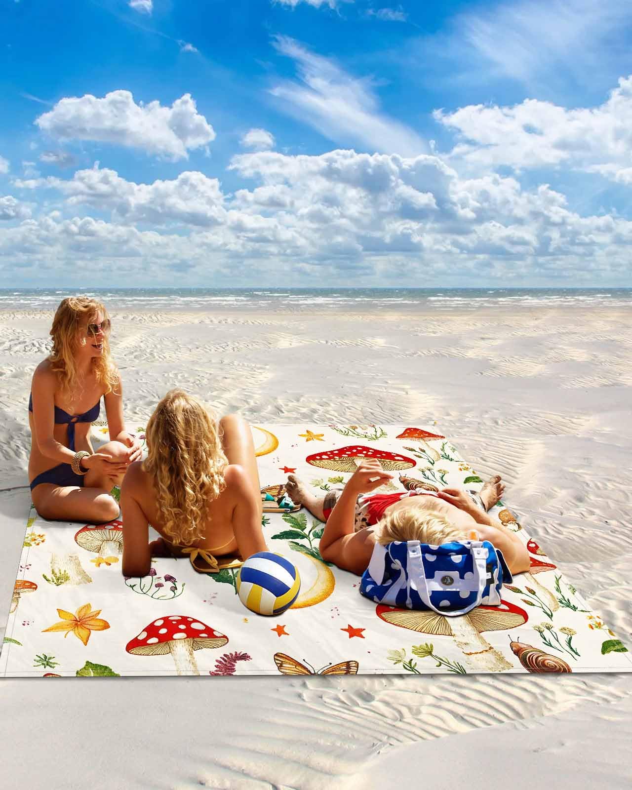 Beach Blanket Sandproof Waterproof Picnic Blankets Pastoral Red Mushroom Leaves Extra Large Lightweight Outdoor Beach Mat with Corner Pockets for Travel/Camping/Hiking Farm Wild Flowers Snail