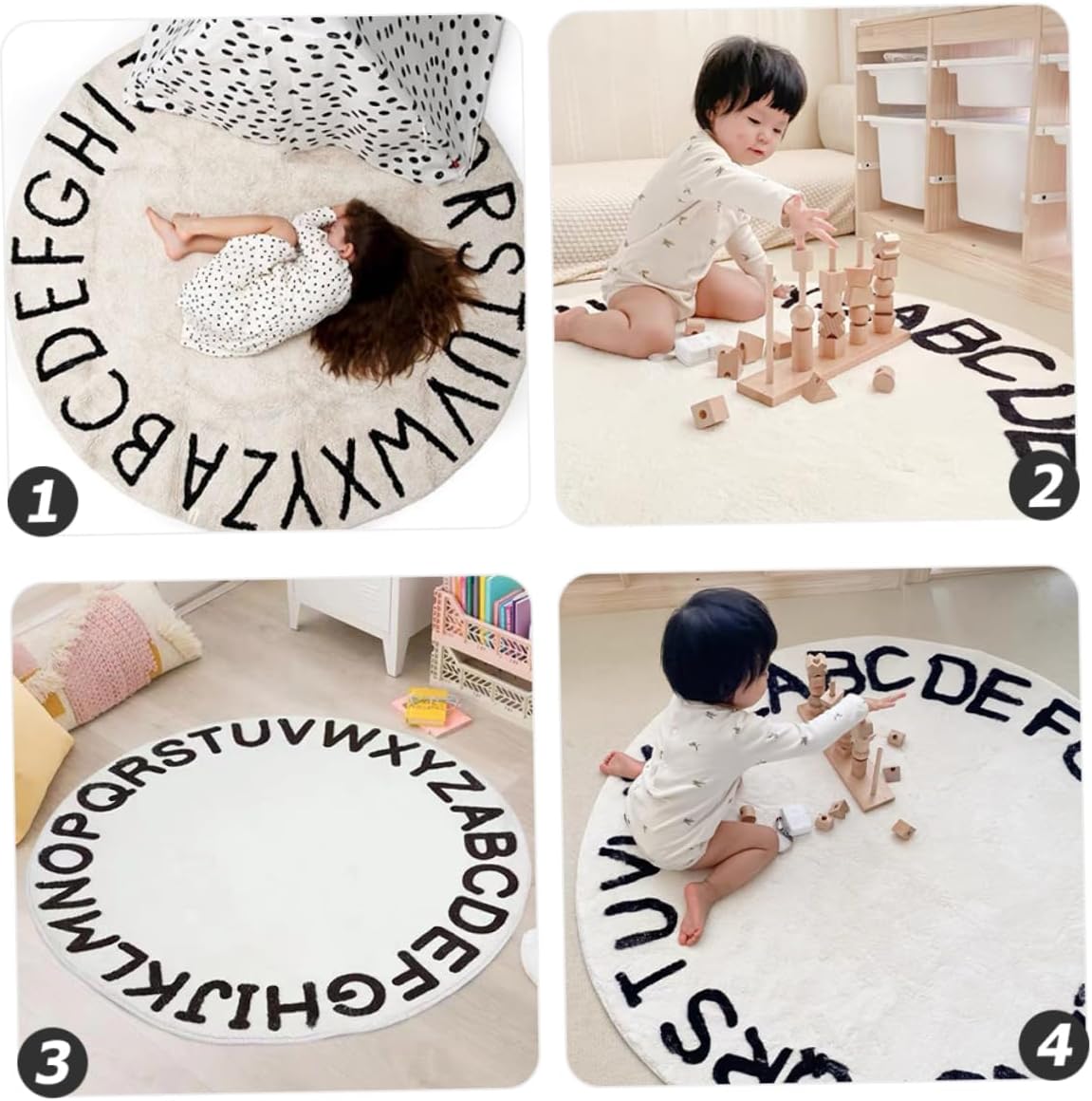 Hemobllo Cartoon Nordic Style Round Rug Non Slip Soft Floor Carpet with English Letters Educational Play Mat for Bedroom and Living Decor