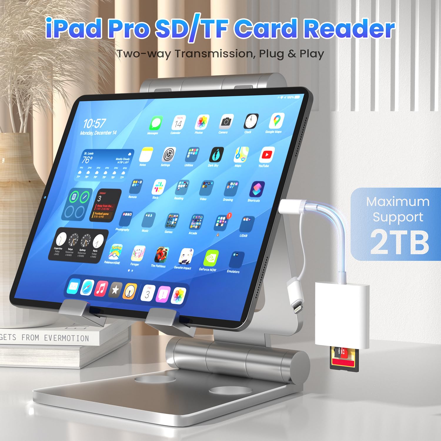 Lettore di schede SD per iPhone iPad, adattatore per schede SD di memoria con doppio connettore Lightning e USB-C, supporto di schede SD/Micro SD, visualizzatore di telecamere Trail ad alta velocità