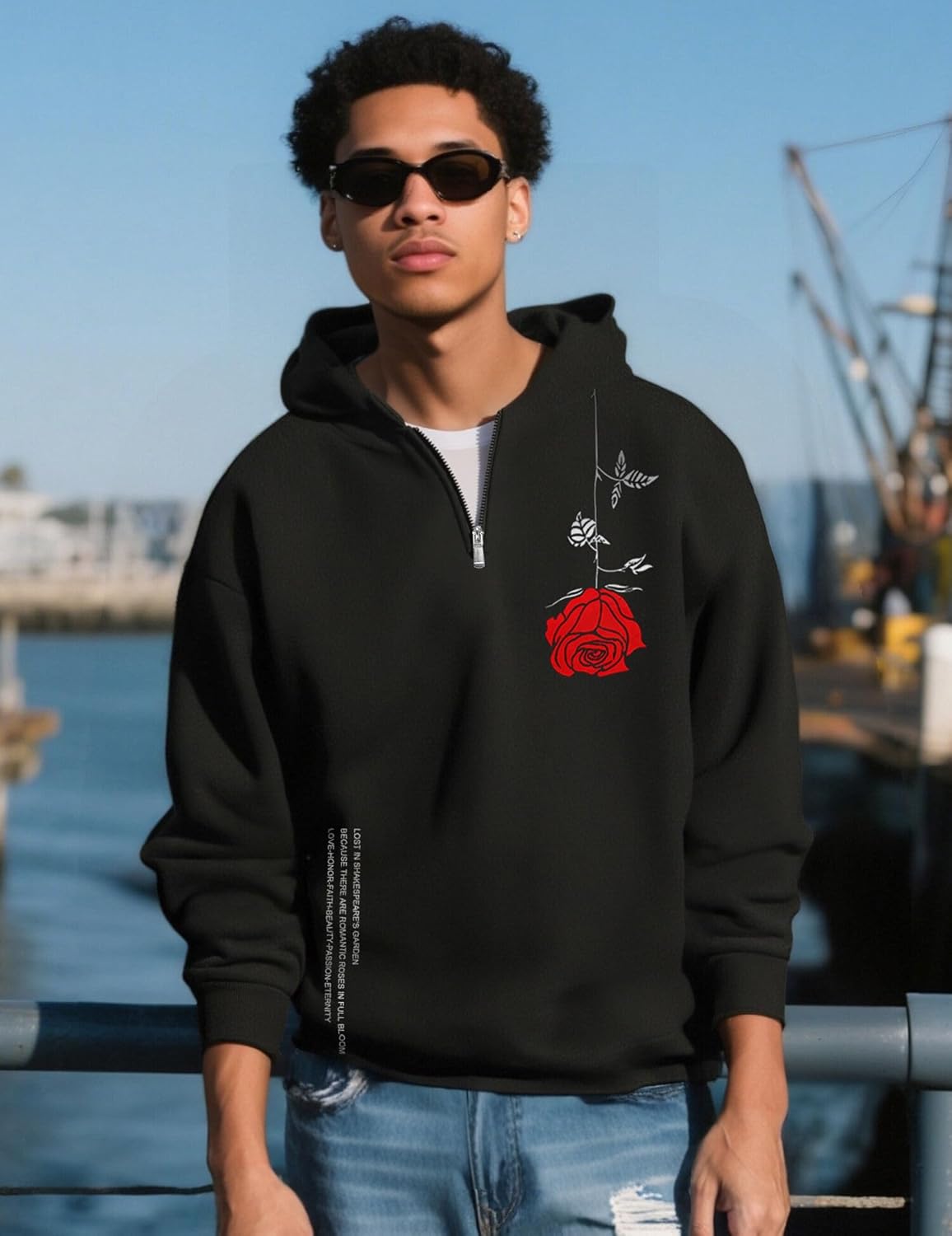 UOUA Men's Graphic Quarter Zip Hoodies Casual Long Sleeve Drop Shoulder Sweatshirt Pullover Streetwear Top - Image 2