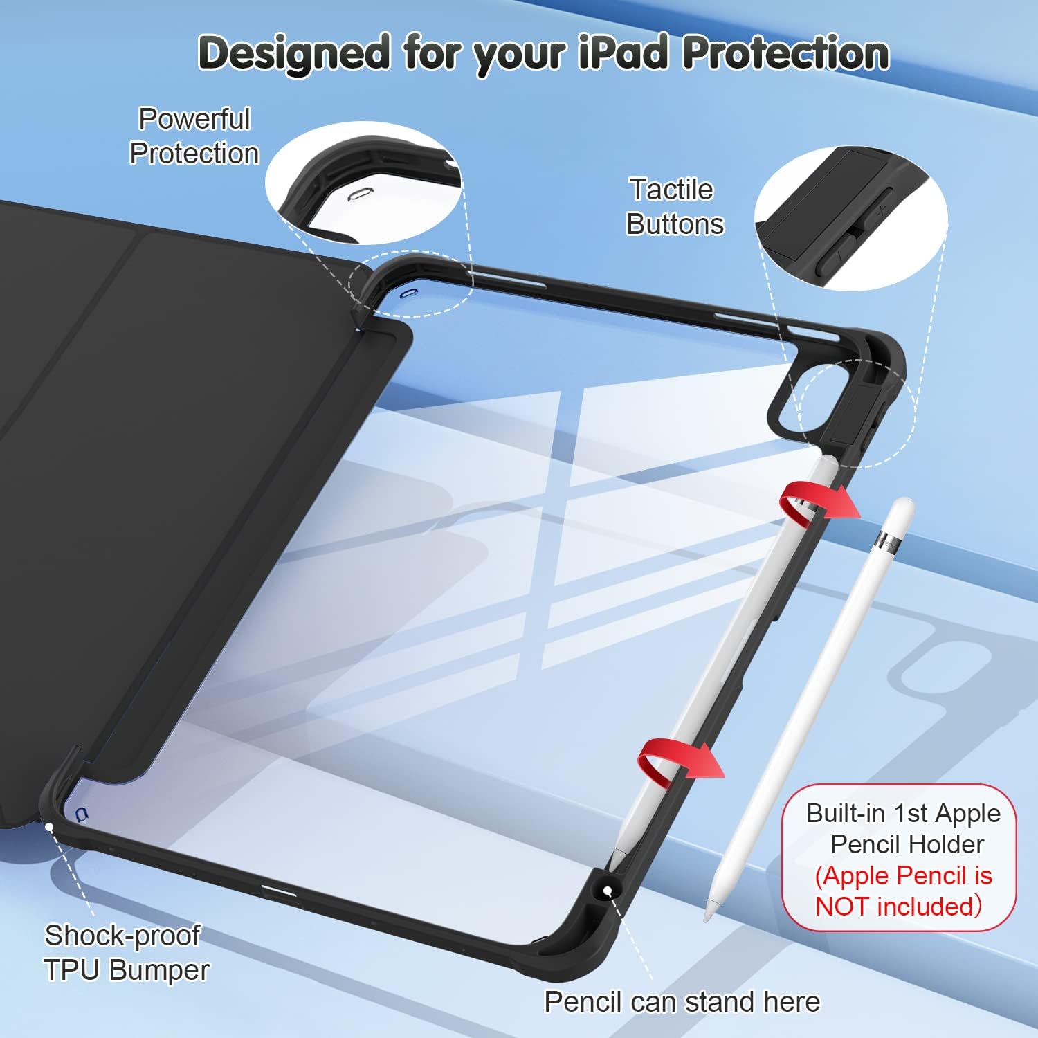OKP Case for iPad 11th Generation 11-inch (A16) 2025, for 10.9'' iPad 10th Gen 2022, Slim Lightweight i Pad 11/10 th Gen Cover with Trifold Stand, Auto Wake/Sleep, Clear PC Back Shell, Black image 2
