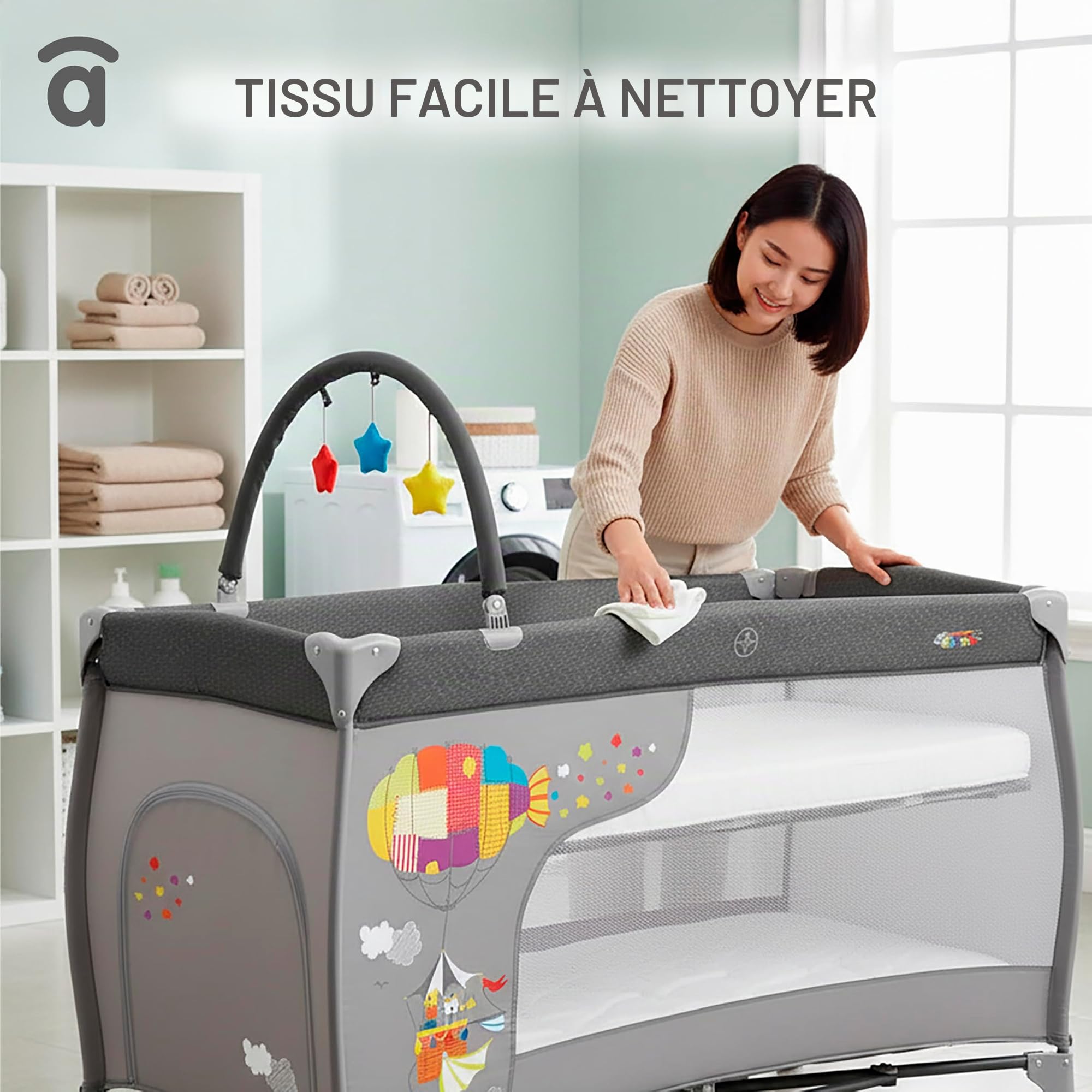 Asalvo Lit de Voyage 120 x 60 Mix Plus pour bébé de 0 à 15 kg /3 en 1. Lit de Voyage et Matelas à Langer Pliable en 30 Secondes avec Hauteur réglable/Gris Zep