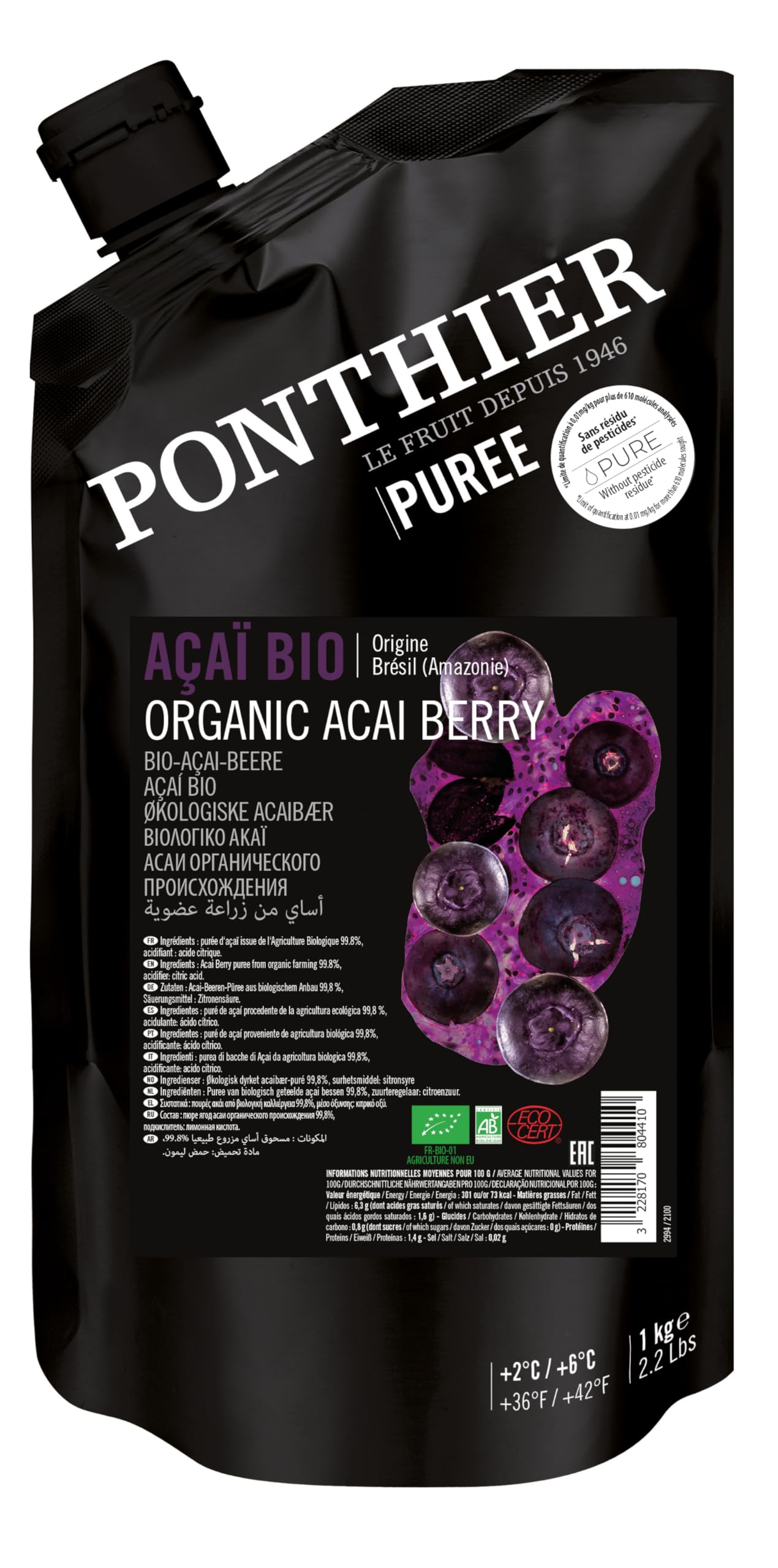 Ponthier Puré de fruta de acai orgánico, 3 x 1 kg, puré de bayas de acai de la Amazona, sin colorantes ni conservantes, para boles de acai, batidos de acai, helados, postres, gachas (3 unidades)