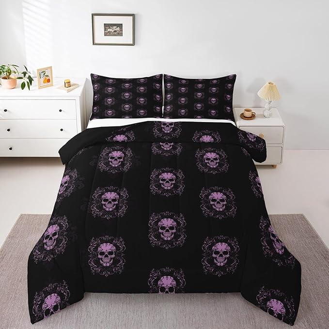 Erosebridal Sugar Skull Bedding Set King Size, Purple Black Damask Comforter Set Halloween Skeleton Bones Quilt for Kids Teens Adult, Gothic Spooky Bohemian Exotic Down Comforter, 2 Pillow Cases