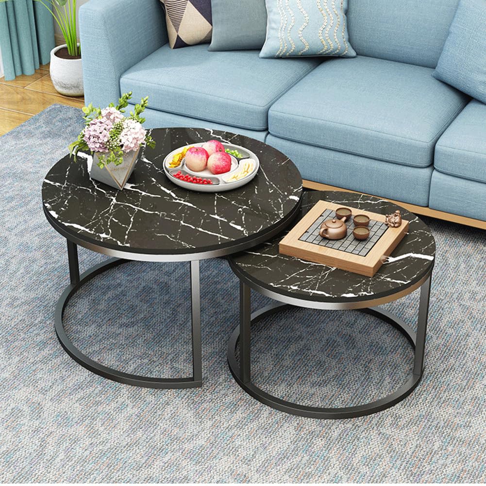 Table Basse Ronde, Lot de 2, Table Basse en Bois, Ensemble de Tables d'appoint Modernes avec Cadre en métal pour Salon, Balcon, Bureau