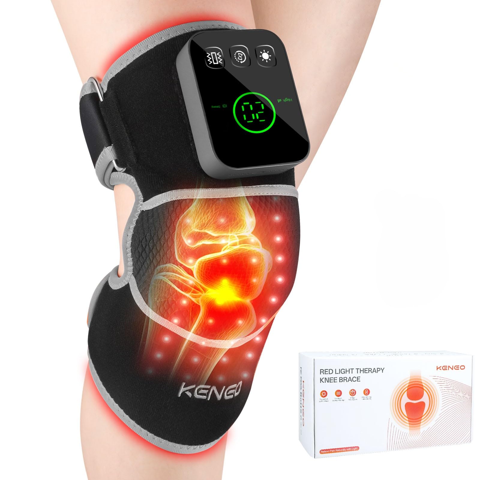 Keneo Rotlichttherapie Kniebandage mit Vibrationsmassage, 660 nm & 850 nm Infrarot-Lichttherapie zur Schmerzlinderung, 3 Wärmestufen, 3 Massagemodi, kabellos & wiederaufladbar (Grau)