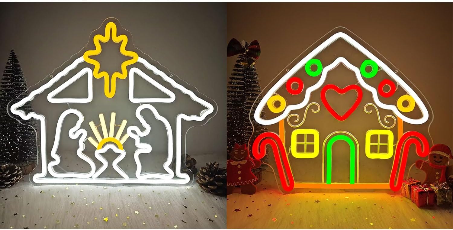 Christmas Neon Sign Lighted Nativity Scene Gingerbread Houses Neon Sign Xmas Led Sign Light Up Nativity Scene Indoor Lighted Gingerbread House Christmas Light Up Sign