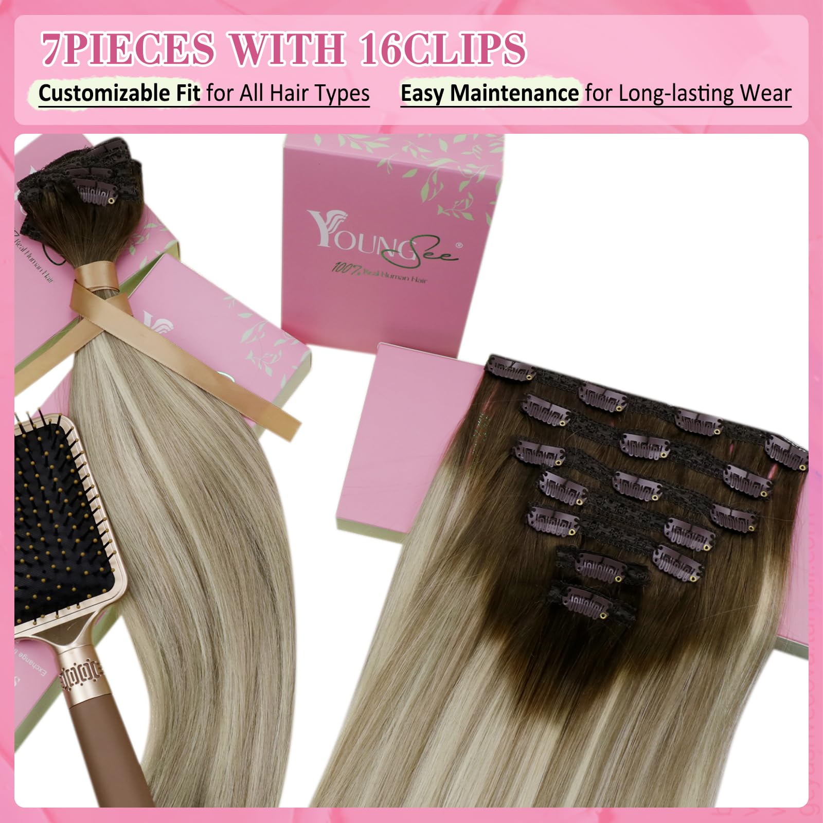 YoungSee Human Hair Clip in Extensions 18inch Dark Root Clip in Human Hair Extension Ombre Dark Brown to Brown with Blonde Balayage Human Clip in Hair Extensions for First-Time Users 120g Stylish 7pcs - Image 3